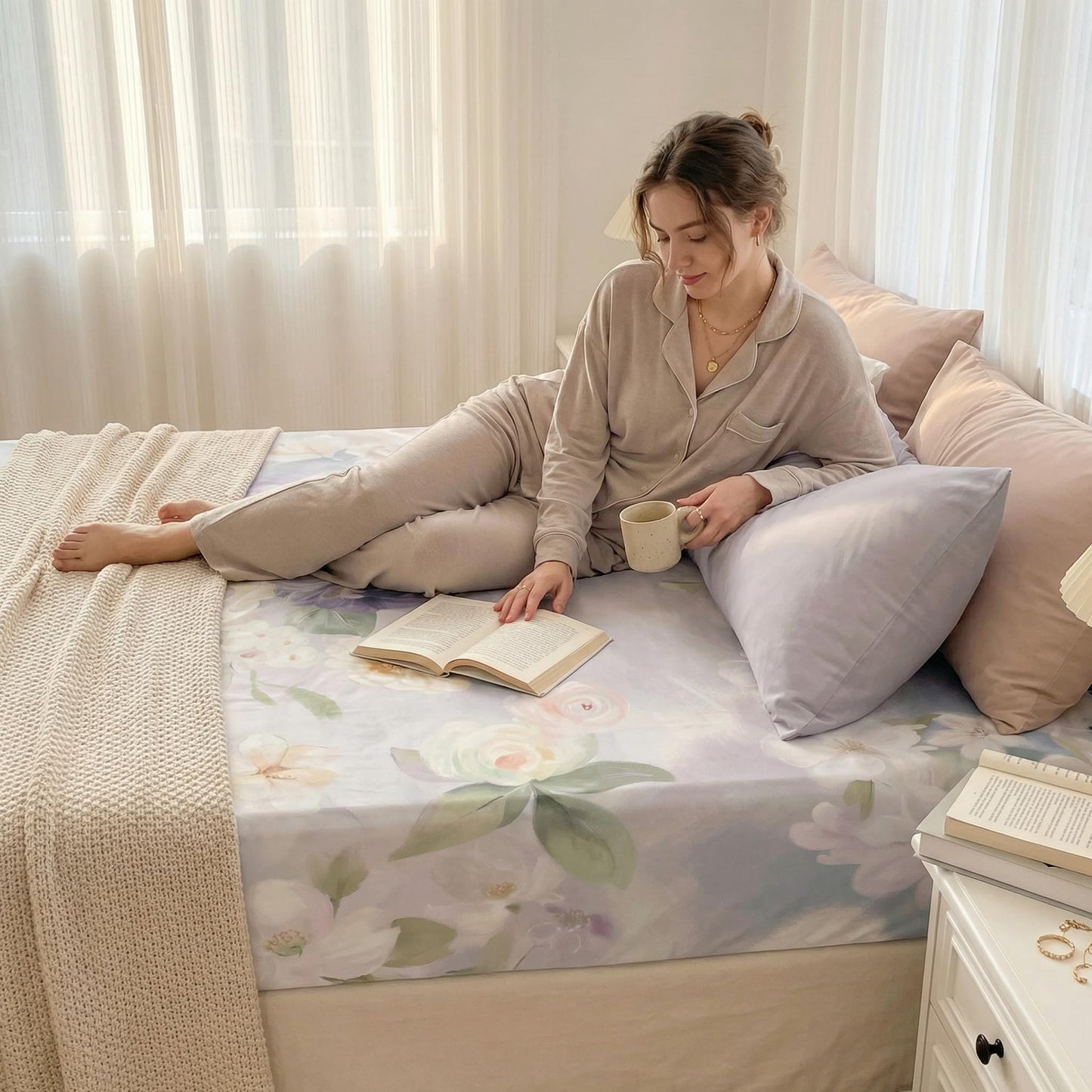 YIYEA Floral Fitted Sheet Only, Premium Double Brushed Microfiber Deep Pocket Fitted Sheet Queen Size, Ultra Soft Fitted Bottom Sheet, Shrinkage, Fade Resistant, Queen