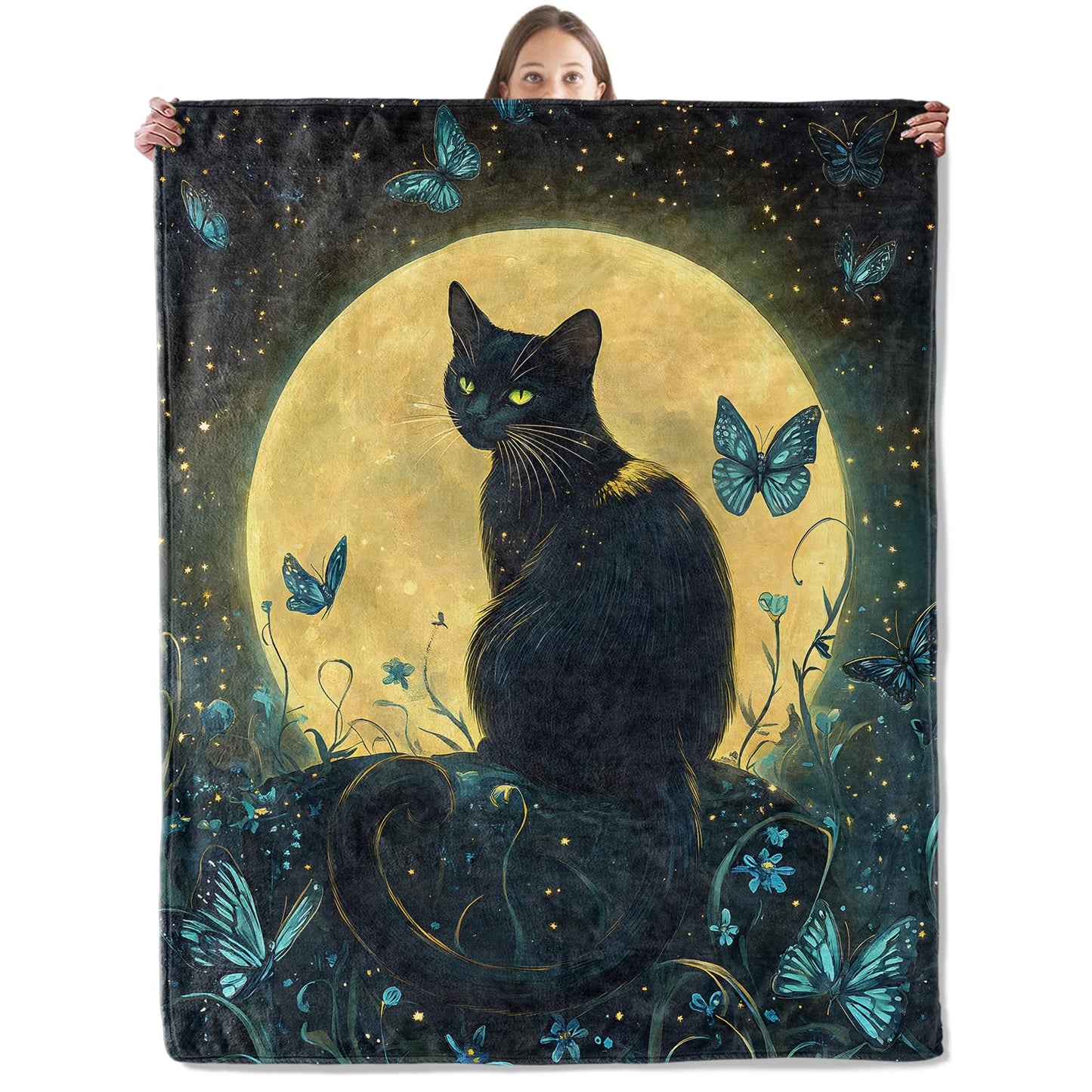 xmwjfd Magical Black Cat Blanket, Cozy Plush Glowing Full Moon & Butterfly Throw Blanket for Couch Bedroom Outdoor, Lightweight Soft Flannel Travel Blankets, Gifts for Women Adults, Warm Decor 50"×60"