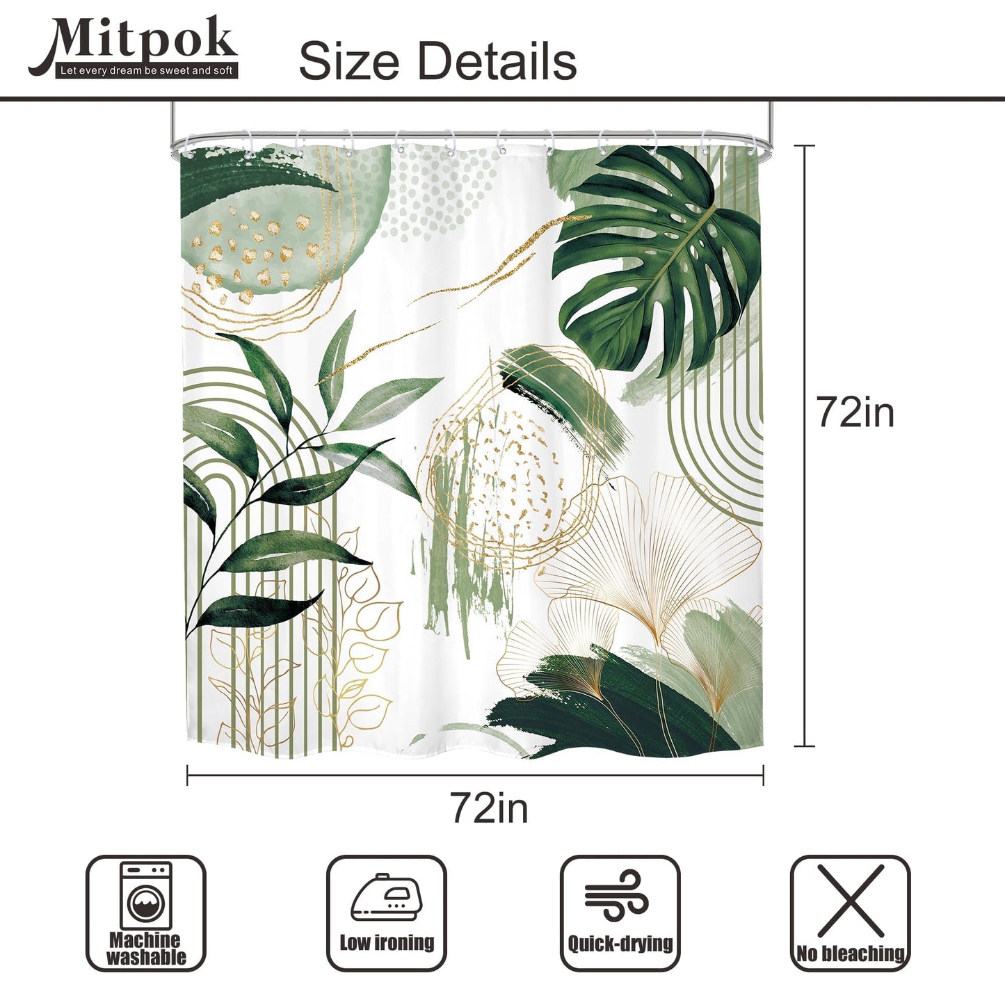 Green Shower Curtain with Rugs Boho Sage Modern Tropical Leaf Bathroom Sets