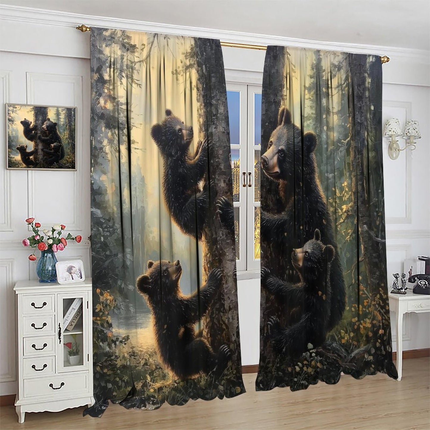 LOMADIA Bear Blackout Curtains, Retro Funny Forest Animal Woodland Wildlife Pattern Drapes, Black Bear Window Treatments Curtain for Kitchen Bedroom Living Room Home Decor 42" W x 45" L