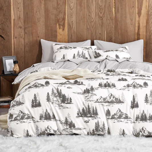 Wake In Cloud - Rustic Comforter Set, Cabin Lodge Cottage Country Charm with Mountain and Natural Forest Theme, Soft Lightweight Bedding, 3 Pieces, Grey White, Queen Size