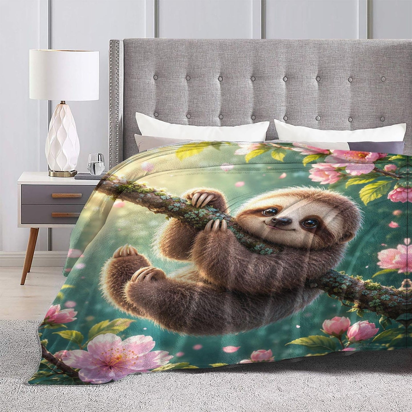 TZJCCMAY Cute Sloth Blanket for Kids Women Adults, Floral Animal Lovers Throw Blankets, Soft Lightweight Fleece for Bed Sofa Home Living Room Decor, Birthday Gifts, 50x60in