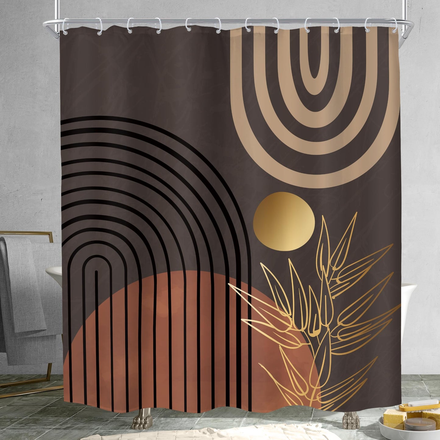 KOMLLEX Dark Brown Abstract Boho Shower Curtain for Bathroom Decor 60Wx72H Minimalist Aesthetic Mid Century Modern Shower Curtain Tan Palm Leaves Simple Fabric Waterproof Polyester 12 Pack Hooks
