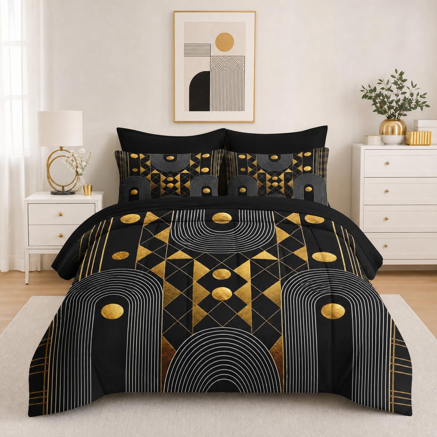 Boewywh Comforter Set Twin Size Geometric Gold Black 7 Pcs, Bedding for Kids and Adults, Abstract Modern Bed Sheet Sets with Fitted Sheet 2 Pillowcases & 2 Shams for Bedroom Bed Decor