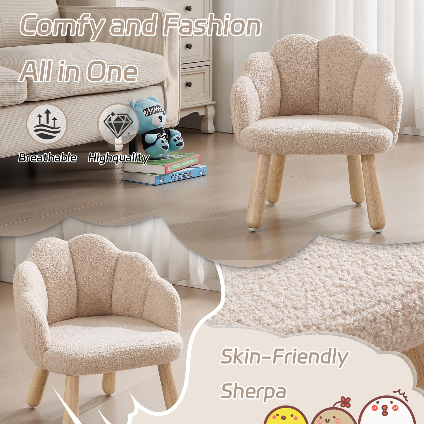 DAYARUS Kid Chair, Toddler Chairs Comfy Sherpa Kids Table Chair, Wood Toddler Couch Sofa, Soft Kid Reading Chair, Boy Girls Desk Chairs for Ages 2-5, Kids Armchair for Bedroom/Nursery/Gifts, Khaki