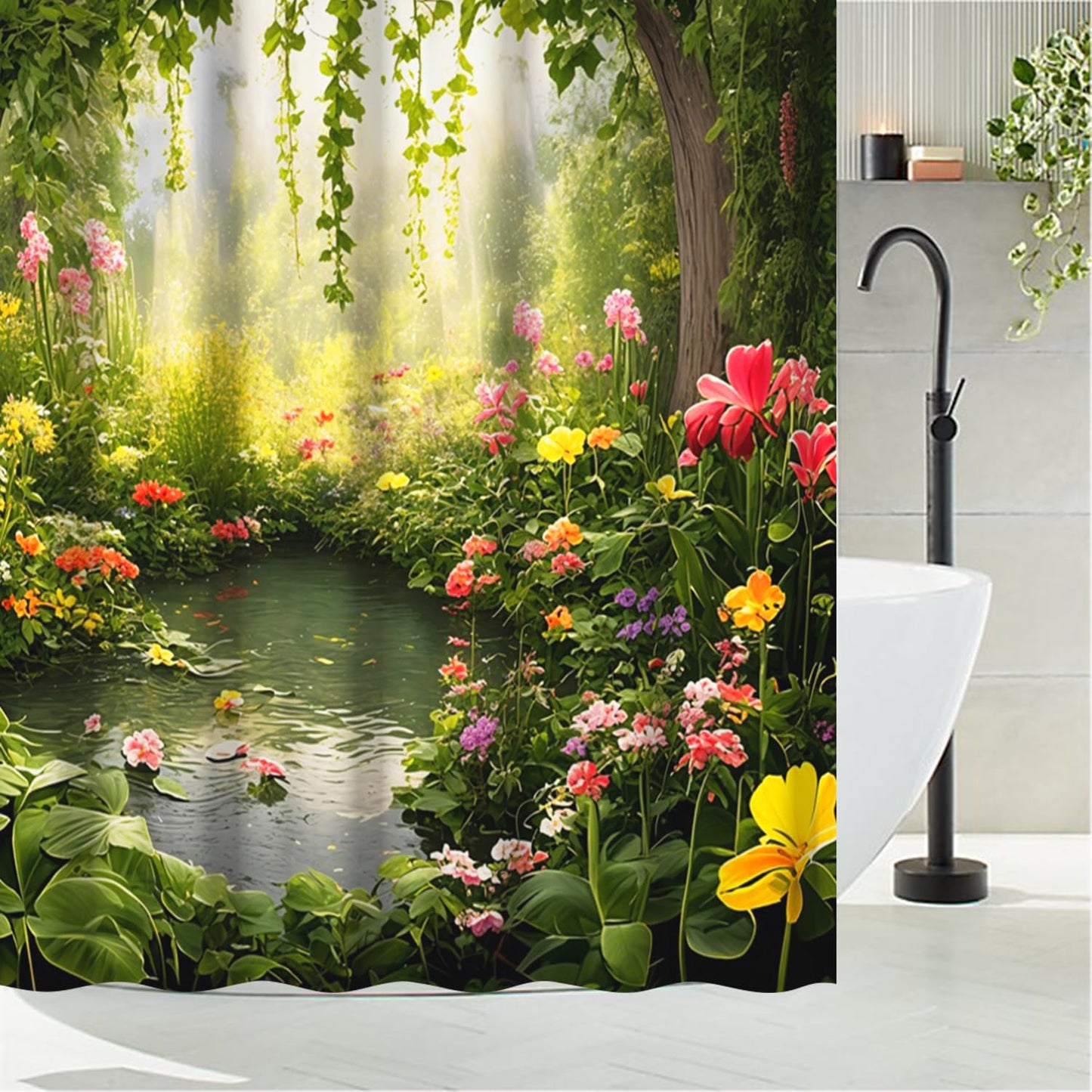 Ruelvth Enchanted Forest Shower Curtain, Nature Green Botanical Shower Curtains with Hooks Spring Floral and Leaves Waterproof Bathroom Decor, 72x72 inch