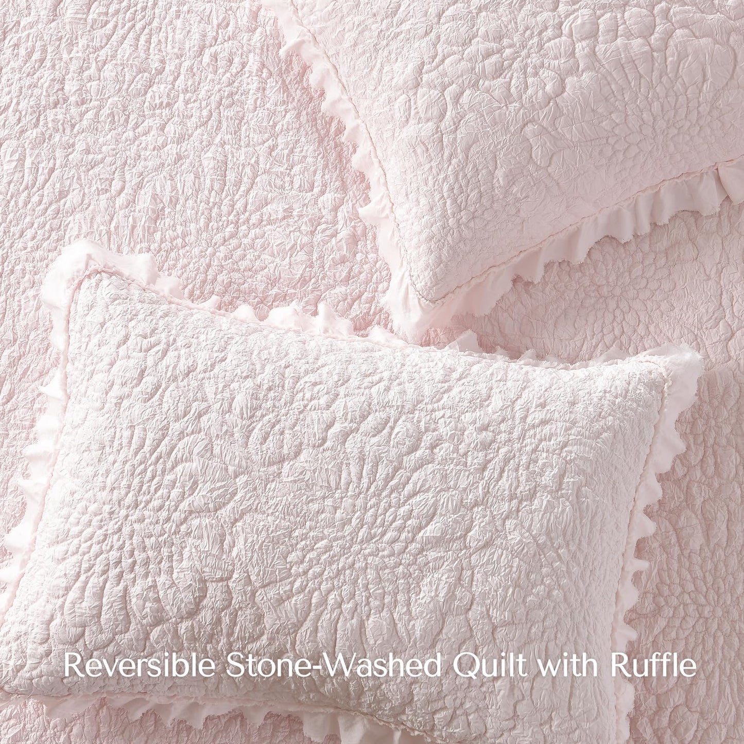 HORIMOTE HOME Pink Ruffled Quilt King Size, Stone-Washed Microfiber Lightweight Crinkled Farmhouse Rustic Shabby Chic Bedding Set, 3 Pieces Reversible Bedspread with Pillow Shams for All Season