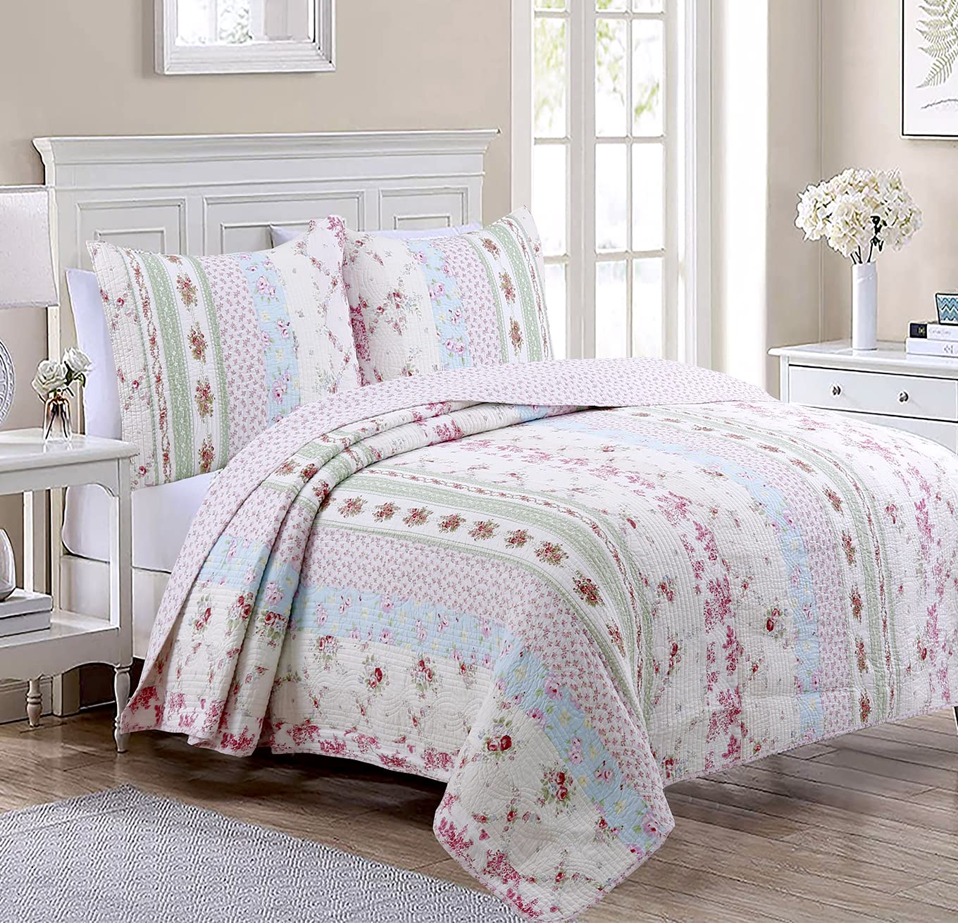 Cozy Line Home Fashions 100% Cotton Real Patchwork Floral Striped Cotton Reversible Quilt Bedding Set, Coverlet, Bedspread (Wild Rose, Queen - 3 Piece)