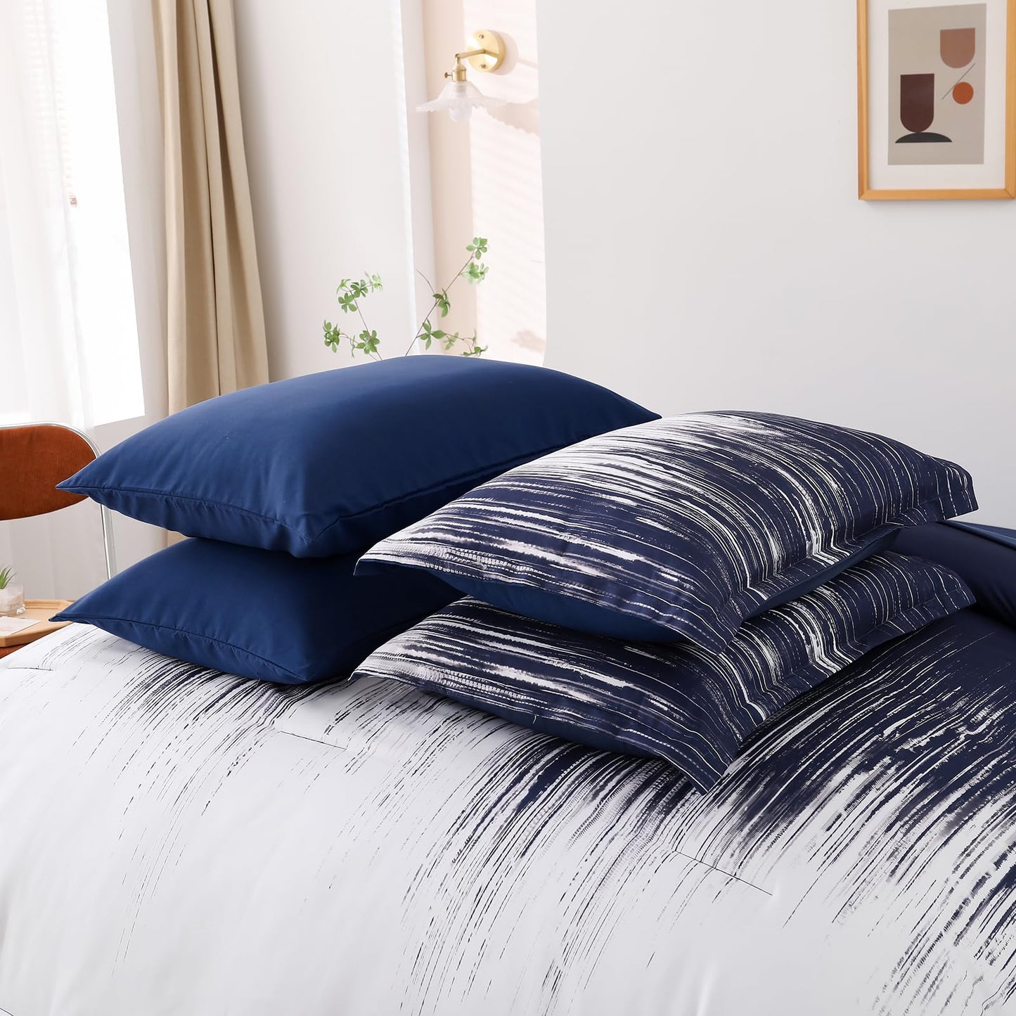 Dinjoy Ombre Blue Comforter Set Queen Size Gradient Navy Blue White Boho Bedding Set for Teen Men Women 7 Pieces Bed in A Bag Bohemian Bed Set with Comforter, Sheets, Pillowcases & Shams