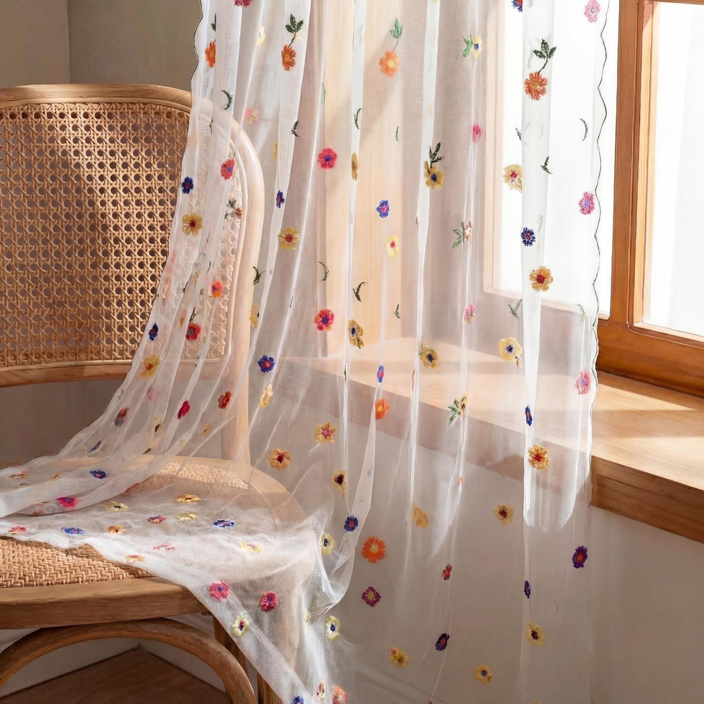 Gilprop White Embroidery Daisy Sheer Curtains 84 Inches Long, Rod Pocket Sheer Drapes for Living Room Bedroom, 2 Panels, 52" W x 84" L, Country Rustic Embroidered Florals Tulle Window Curtains
