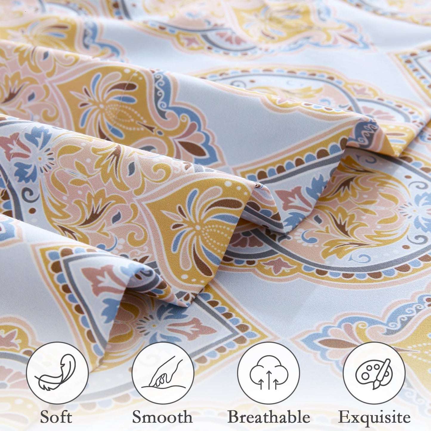 ChicView King Size Paisley Printed Sheet Set,4 Pieces Boho Style Breathable Soft Microfiber Bedsheets, Anti Pilling Deep Pockets Easy Care Bed Sheets, Yellow