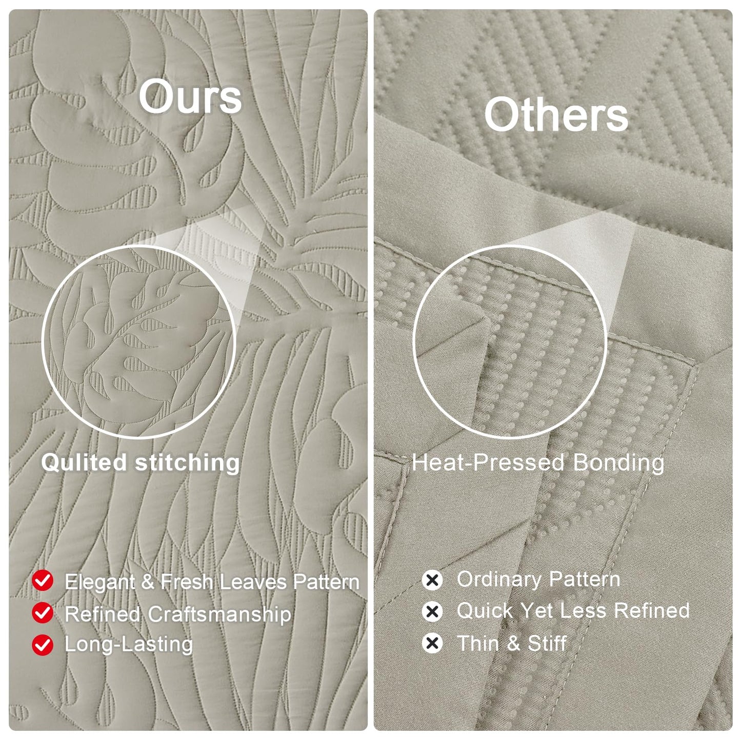 DaisyHuang Quilt Set King Size -Leaves Pattern Stitching Quilt Set - Elegant & Fresh Style Bedding Coverlets, Ultrasonic Quilting, Reversible, Lightweight, 4 Piece, Taupe