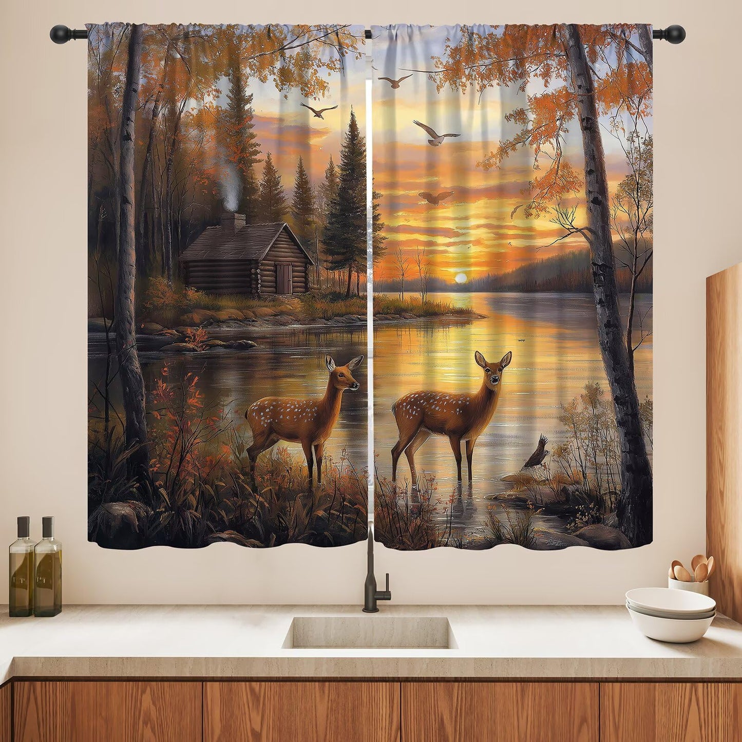 LOMADIA Wildlife Deer Blackout Curtains, Rustic Forest Sunset Lake Farmhouse Animal River Elk Pattern Drapes Home Window Treatments Curtain for Kitchen Bedroom Living Room Decor 42" W x 45" L