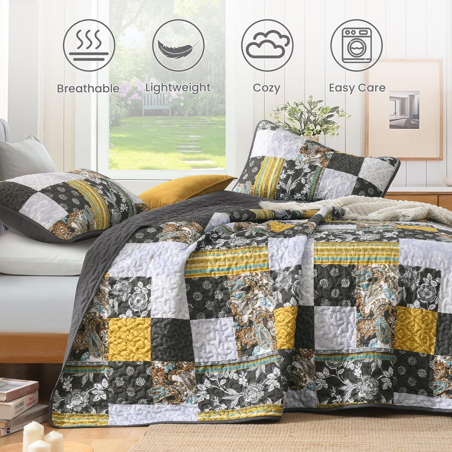 Patchwork Quilt Set King Grey Boho Bedsperad Classic Coverlet Set, 3 Pieces Bohemian Quilts Grey Yellow Bedding Set, Soft Microfiber Reversible Plaid Patchwork Bedspread for All Seaon (110''x90'')