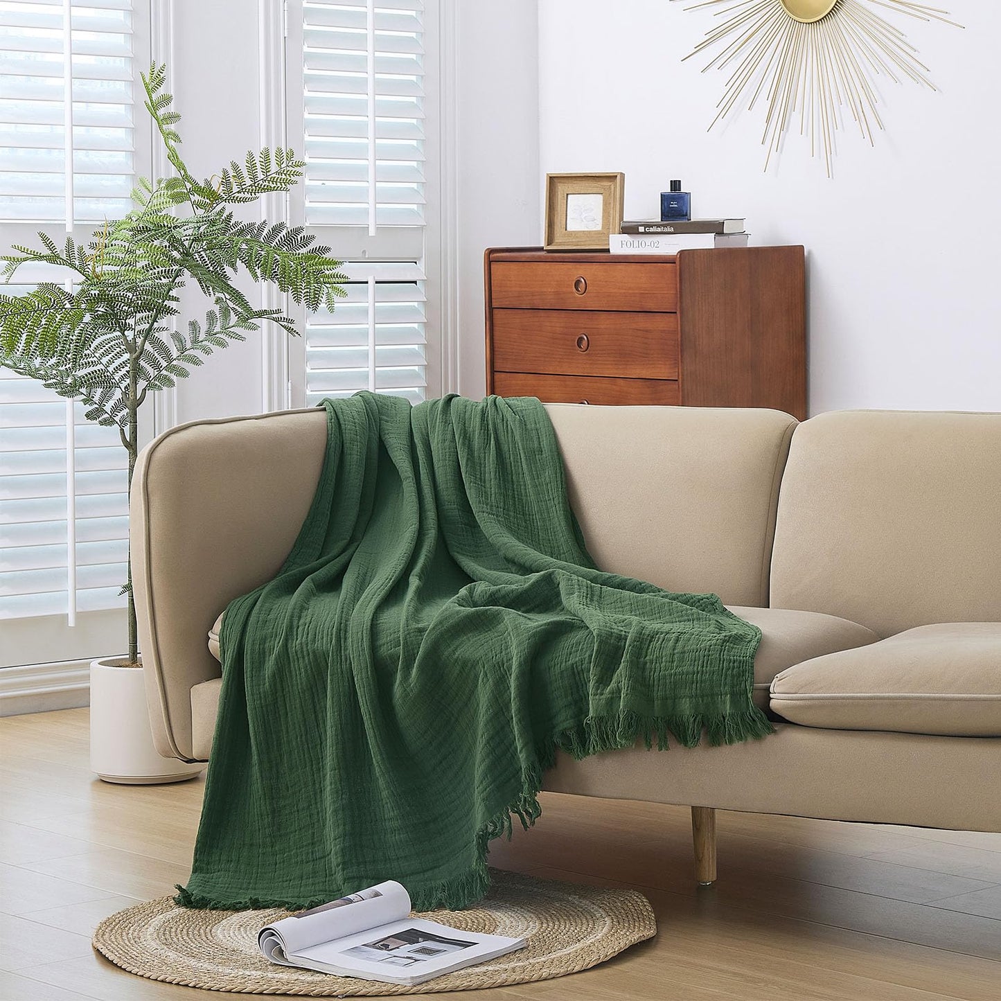 Yoenillo Cotton Muslin Throw Blanket with Tassels, Lightweight Woven Gauze, Pre-Washed Breathable Farmhouse Decor for Bed, Couch, All-Season Use (Olive Green, 50" x 60")