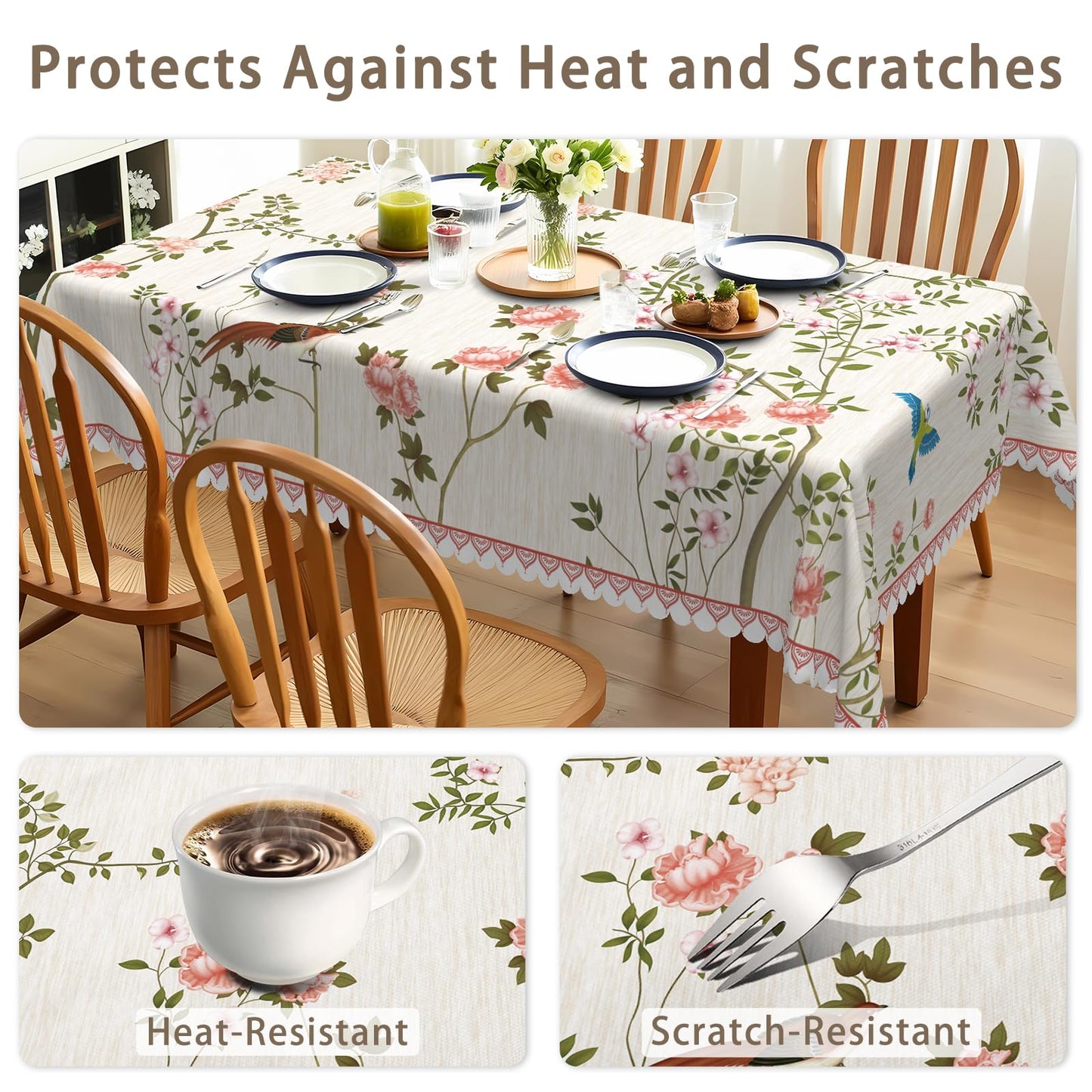 Waterproof Canvas 60 x 84 Inch Rectangle Table Cloth, Floral and Birds Pattern Stain Resistant Summer Outdoor Tablecloth, Heavy Duty Washable Dining Table Cover for Farmhouse, Dinner, Picnic, Party