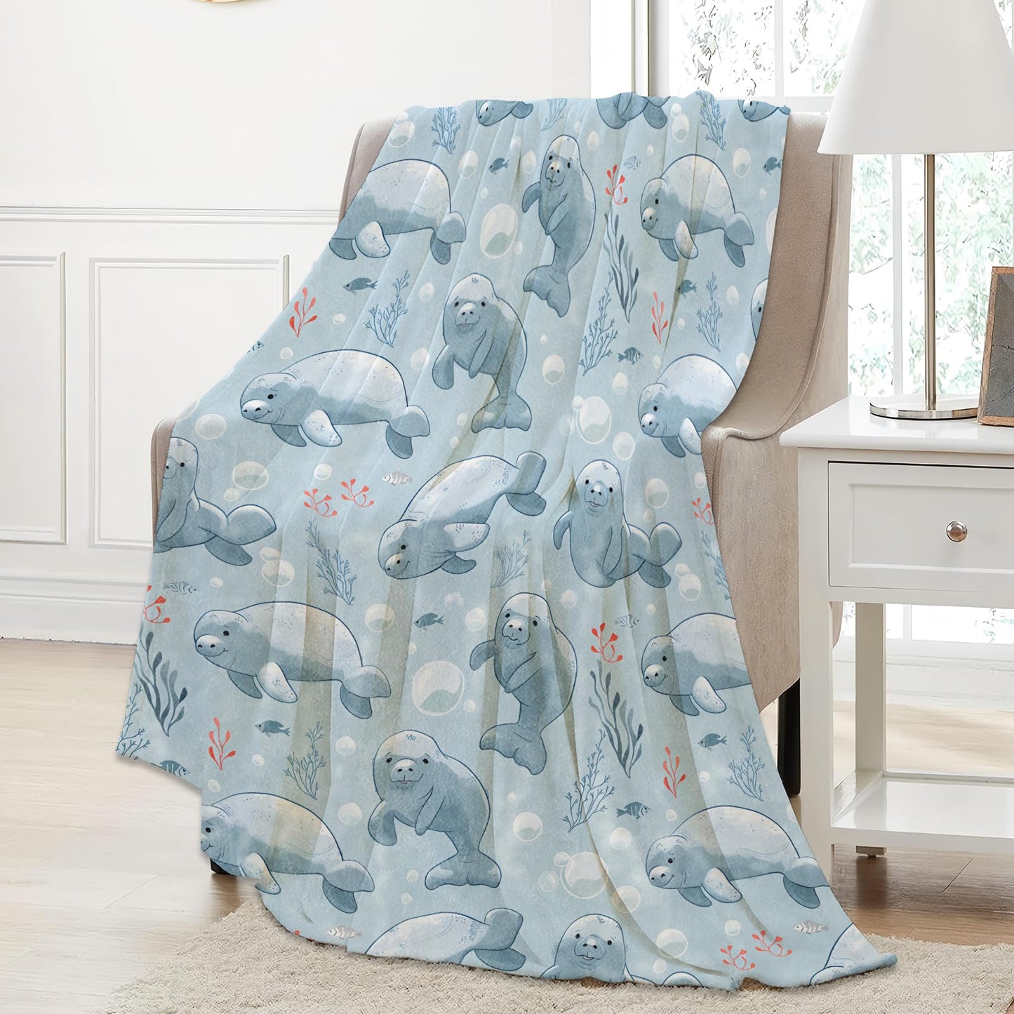 Aonimonis Cheerful Manatee Throw Blanket Gifts for Women, Soft Fuzzy Warm Cozy Flannel Blankets for Bedroom, Travel, Couch, Home Decor 50x60 in