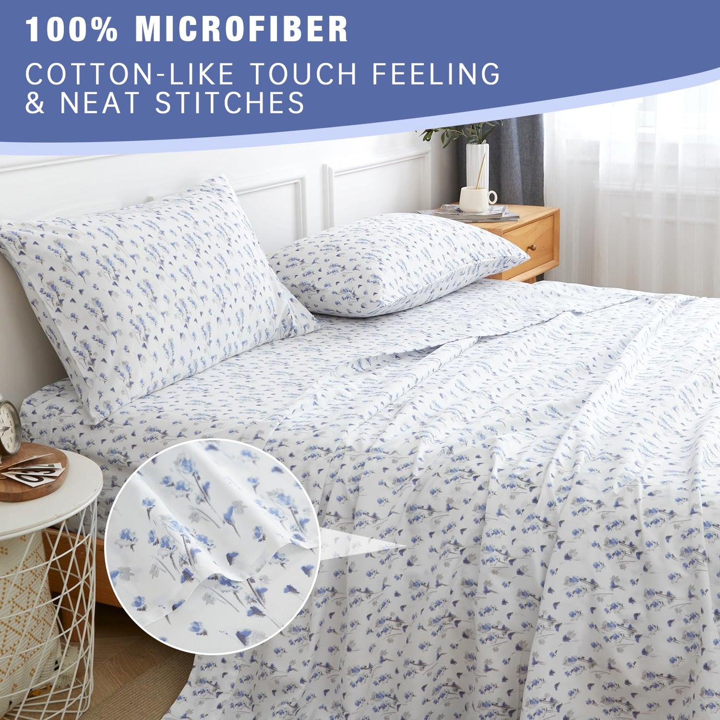 California King Sheet Set 4PC Printed Light Blue Flower Pattern Double Bed Luxury Cooling Soft 100% Microfiber Brushed Sheets 17” Deep Pocket, Easy Care, Breathable, Wrinkle Free, Machine Washable