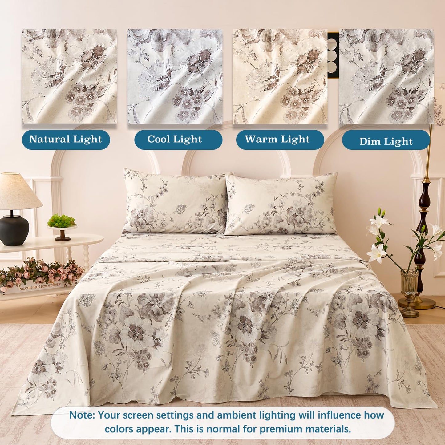 Huborise Beige Queen Sheet Set 100% Cotton Flannel-Like Warm Luxury Peony Toile Floral Bed Sheets 4Pc Deep Pocket 17.5", Double Brushed Extra Soft Breathable, Fall/Winter French Country Bedding