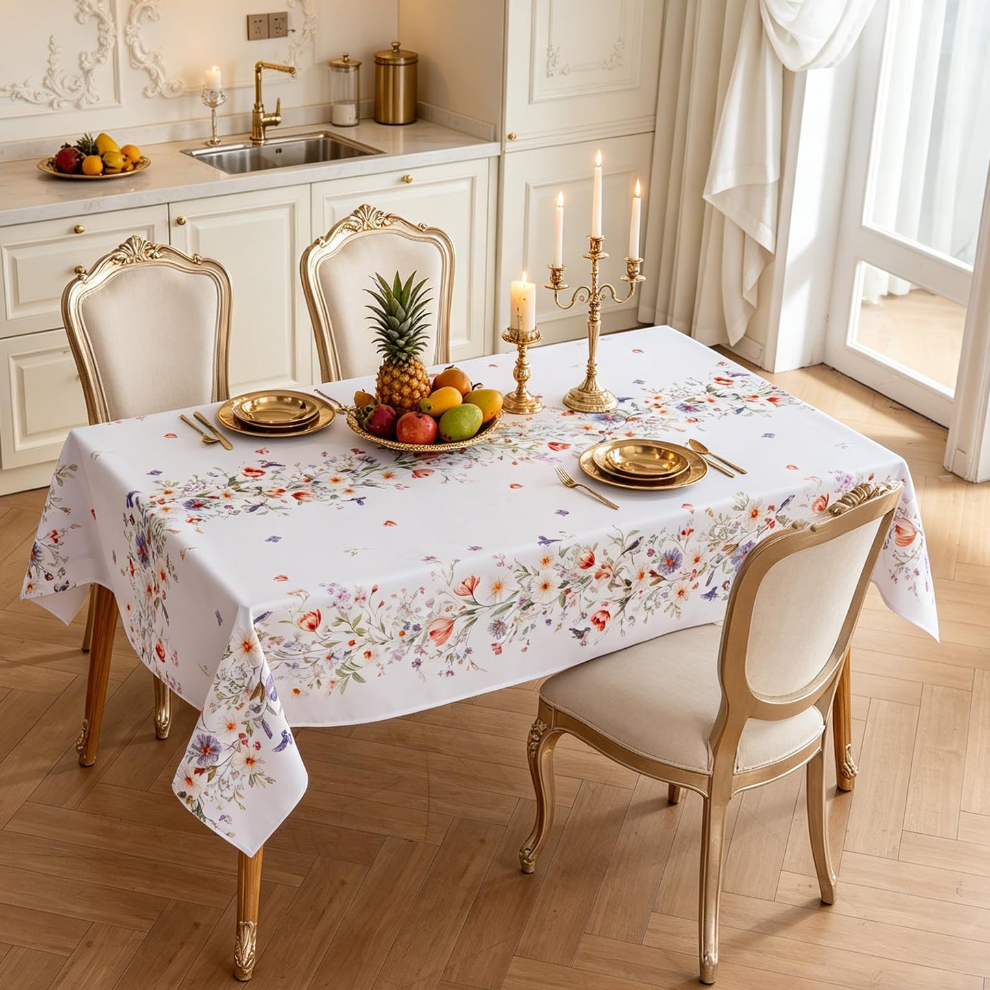 Joyfol Day Spring Florals Tablecloth, Tulips Wildflower Rectangle Table Cloth, Flowers Waterproof Table Covers for Easter, Birthday, Wedding, Mothers Day Tea Party Decorations, 84 x 60 Inch