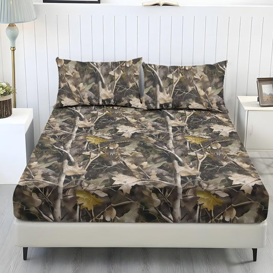 ZDCUSTOM XL Size Sheet Set Stretchy Fitted Bed Sheet Comfy Fade Resistant Bedsheet & Pillowcases with All Around Elastic Stay in Place for Bedroom Decor Branch Leaf Camo, 39" x 79"