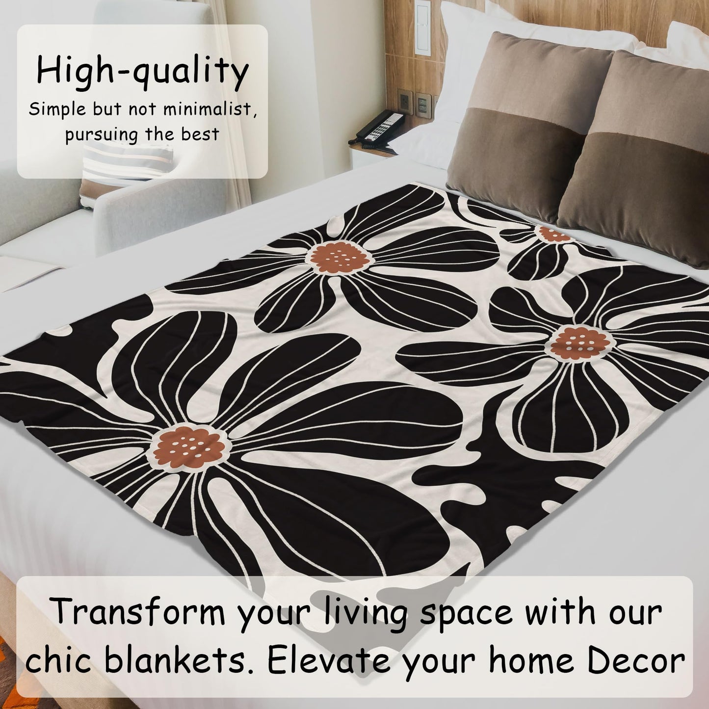 HIWX Boho Abstract Floral Blanket, Modern Abstract Boho Black Flower Throw Blanket for Home Living Room Bedroom Couch Bed Decor, 50x60 Inches