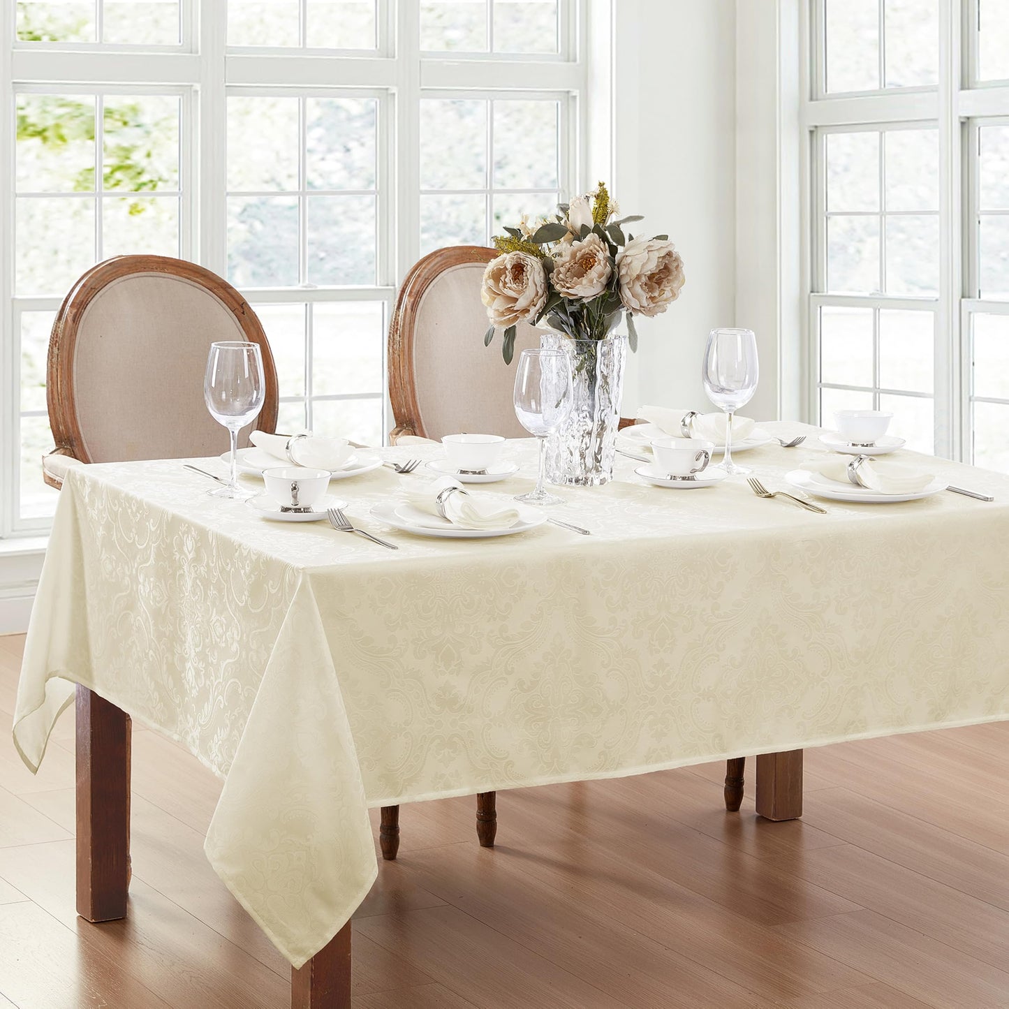 Threadmade Caiden Elegance Damask Tablecloth, Ivory - 52" W x 70" L