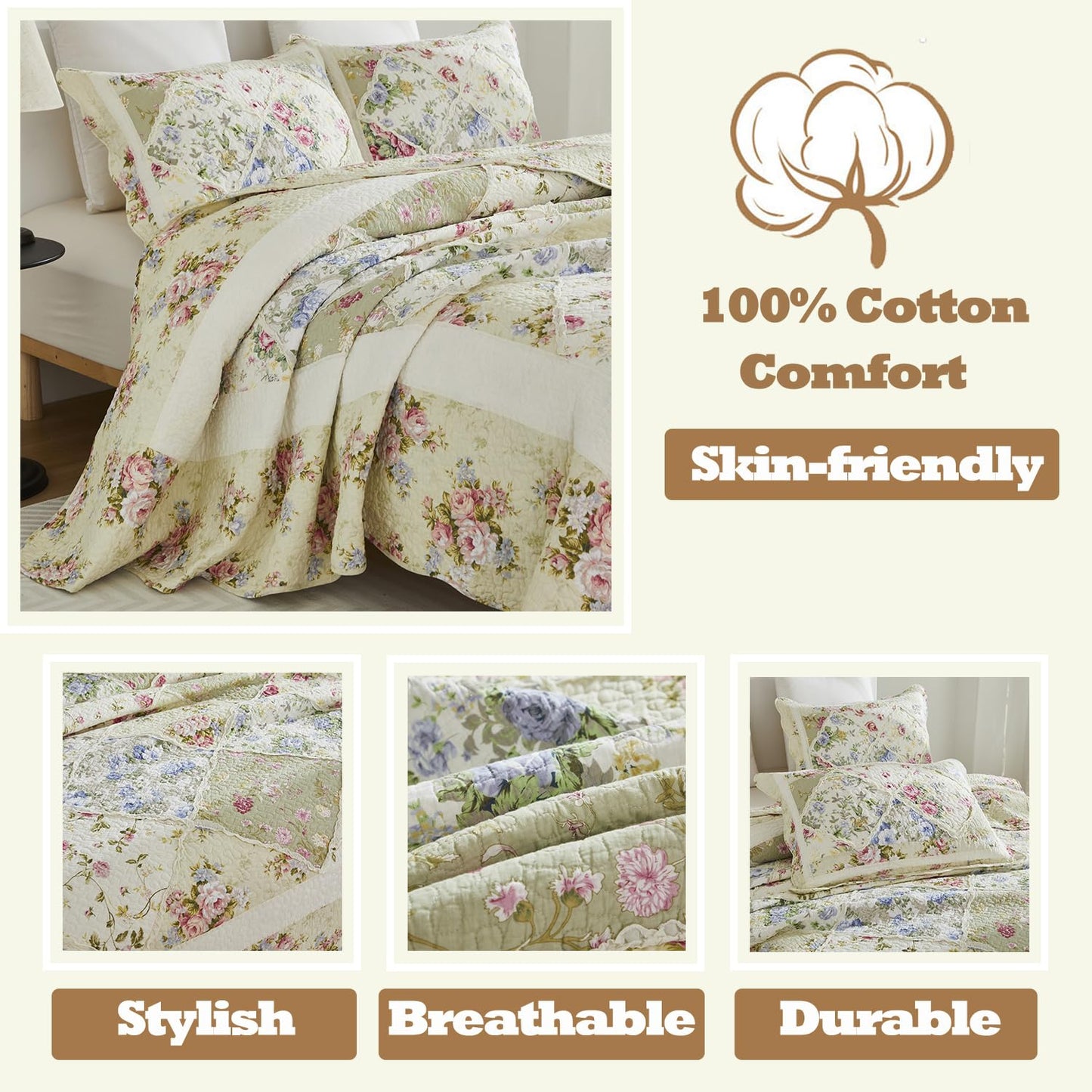 Brandream Patchwork Quilts Cotton Queen Size Country Rustic Rose Floral Bedding Coverlet Set 3-Piece Pale Yellow
