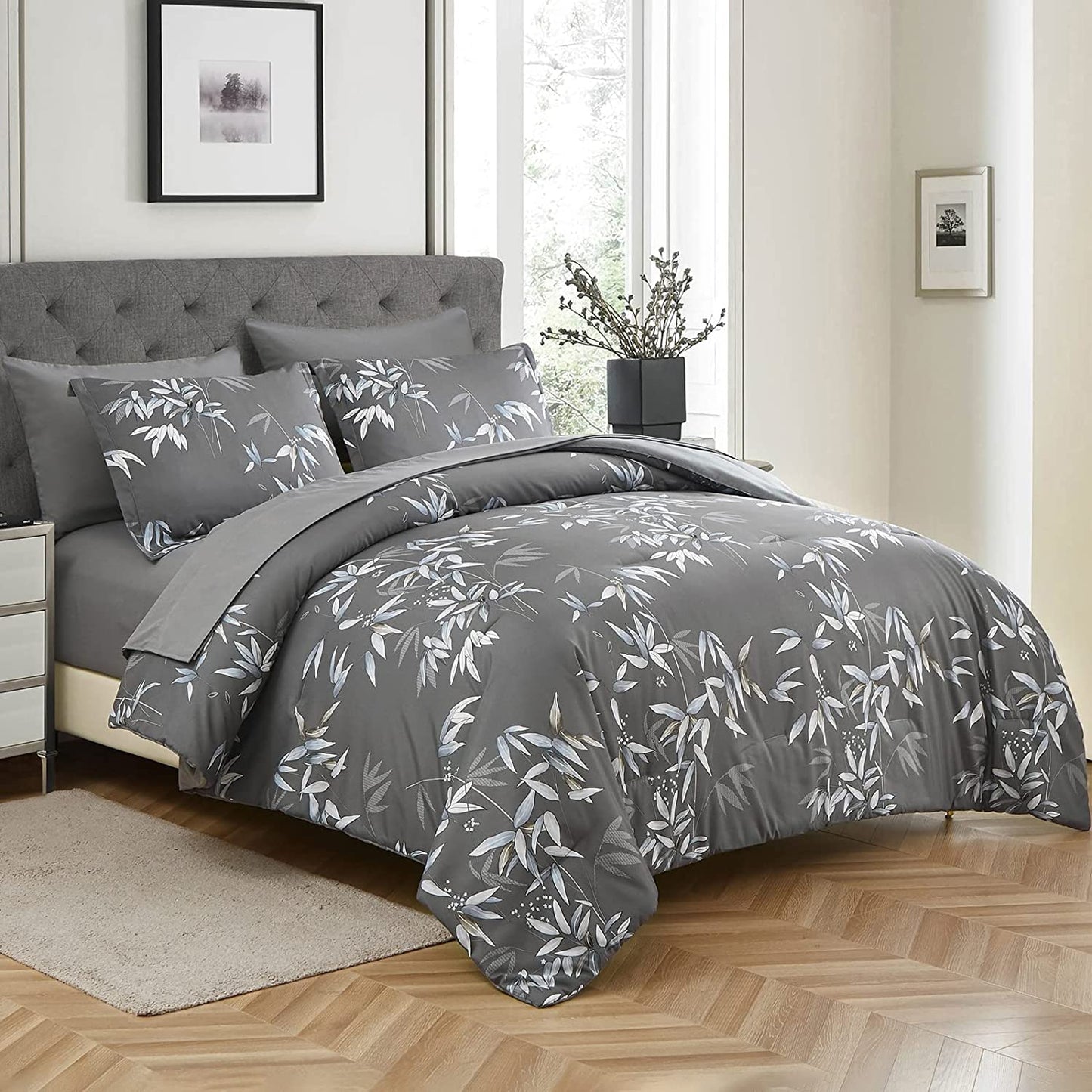 LXWORX Grey Queen Comforter Set - 7 Pieces Bed in a Bag Bedding Set, Soft Lightweight Microfiber Grey Comforter with Sheets and Pillow Shams, All Season