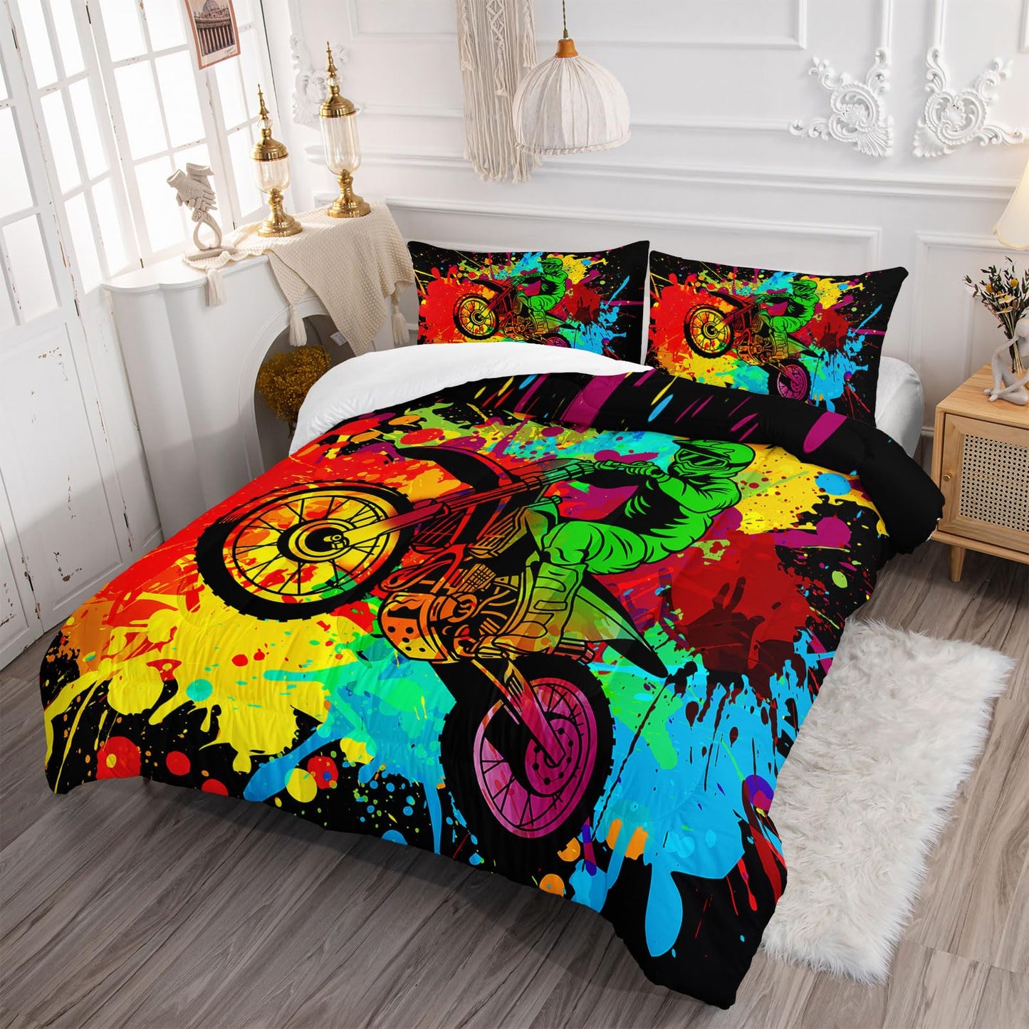 Axolotl Motocross Bedding Set Twin,Dirt Bike Comforter Set,Extreme Sports Bedding,Motorcycle Racer Comforter Set Motocross Comforter Motor Vehicles Biker for Boys Kids Teens Men,1 Quilt 2 Pillowcases