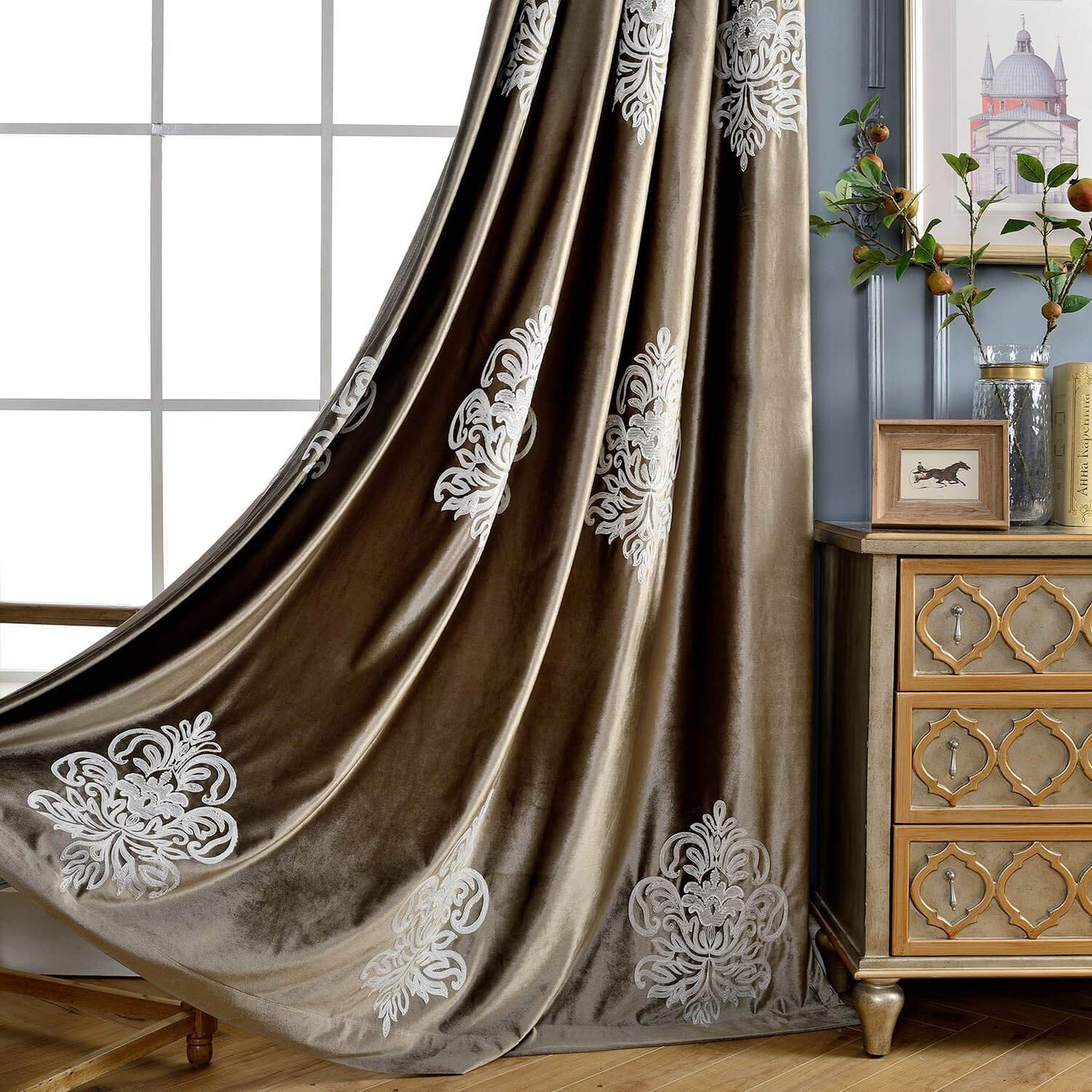 VOGOL Super Soft Luxury Velvet Blackout Curtains, Grommet White Flower Embroidered Soft Chocolate Brown Flannel Draperies for Living Room, 52 x 96 Inch, 2 Panels, Noise Reduction