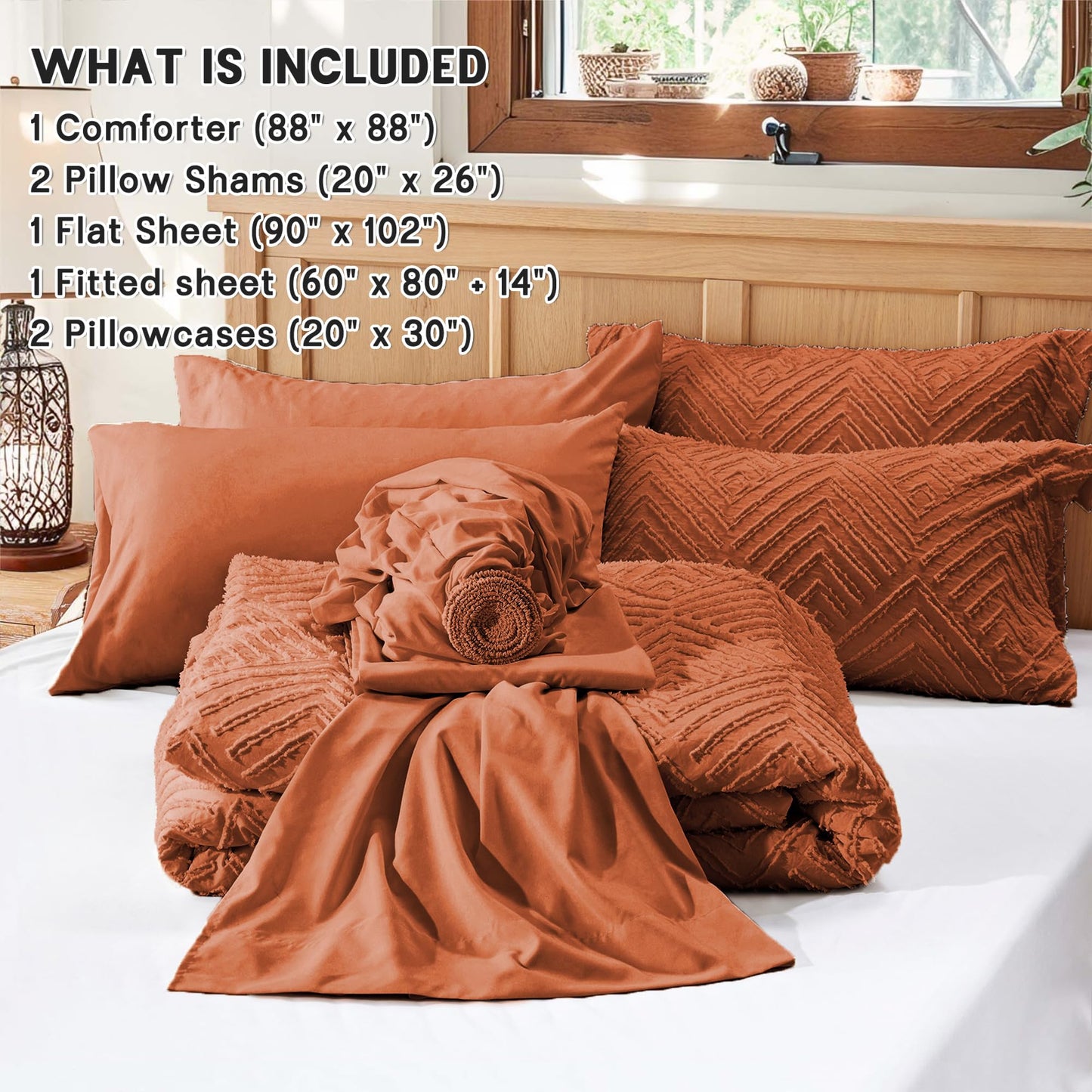 Zzlpp Queen Comforter Set 7 Pieces, Burnt Orange Tufted Bed in a Bag with Comforter, Pillow Shams, Pillowcases, Flat Sheet, Fitted Sheet