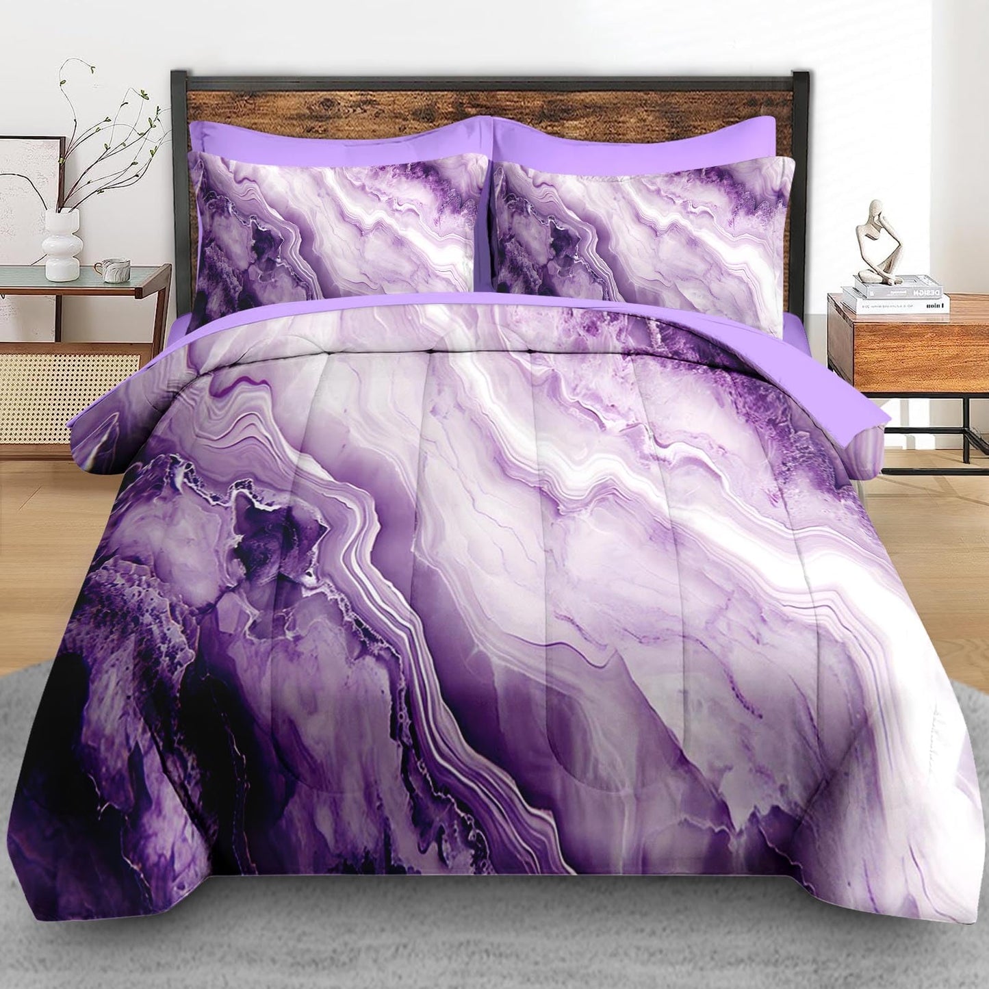 Pamnest Comforter Set Queen Size, Purple Marble Black Gold 7 Pcs Bedding Set for Kids and Adults, Painting Pink Bed Sheet Sets with Fitted Sheet 2 Pillowcase & 2 Sham for Bedroom Bed Decor