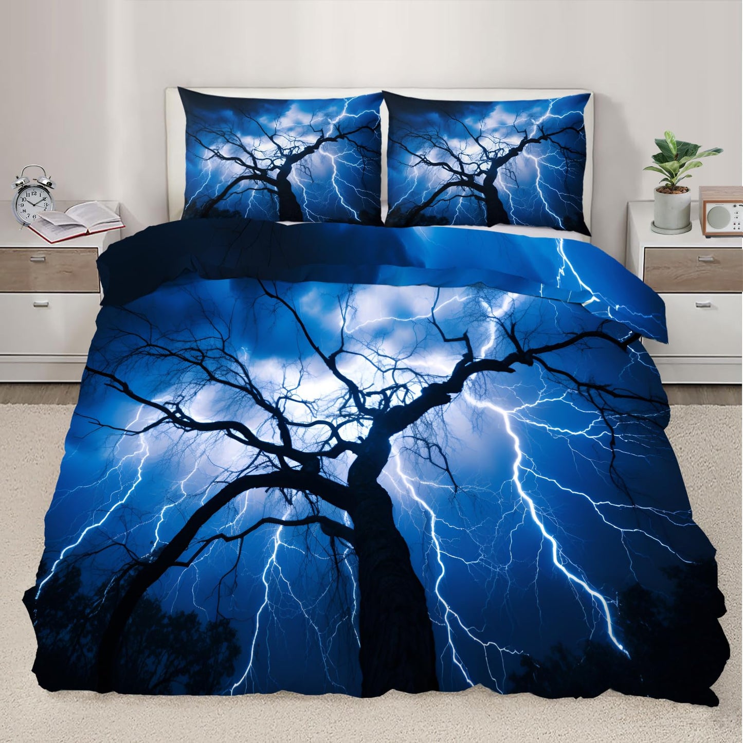 PAISUOQ Weather Landscape Bedding & Home Decor - Blue Lightning Duvet Cover Queen Size - Comforter Cover with 2 Pillow Shams & Zipper, Natural Landscape Bedroom Decor & Gifts