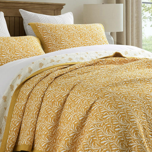 Finlonte Cotton Quilts Queen Size - 100% Cotton Queen Comforter Set, Botanical Quilt Bedding Set, Lightweight Reversible Soft Quilted Bedspread for Queen Bed, Gold/White, All Season, 3 Pcs