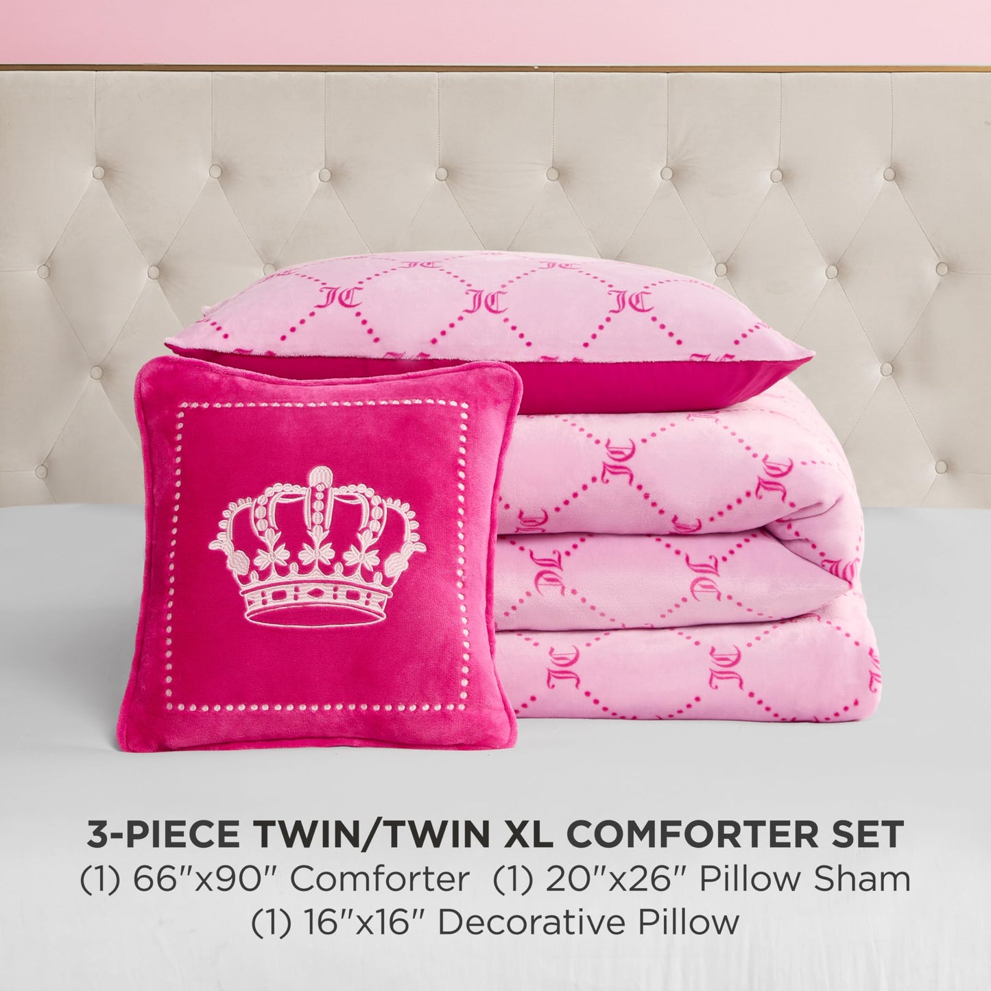 Juicy Couture Plush Reversible Trellis Link 3-Piece Twin/Twin XL Comforter Set with Decorative Pillow, Pink