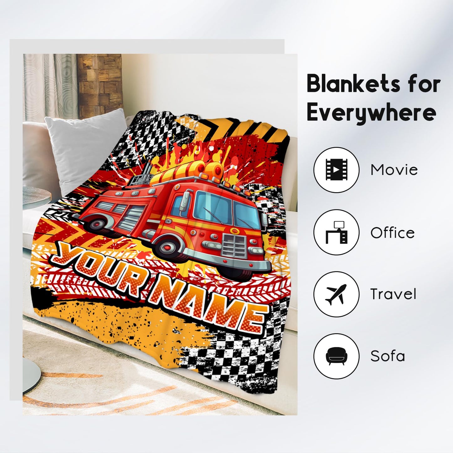 Toddler Boy Blanket, Fire Truck Blankets for Kids, Personalized Gifts for Boys, Cozy Soft Throws for Bedding, 4 Size