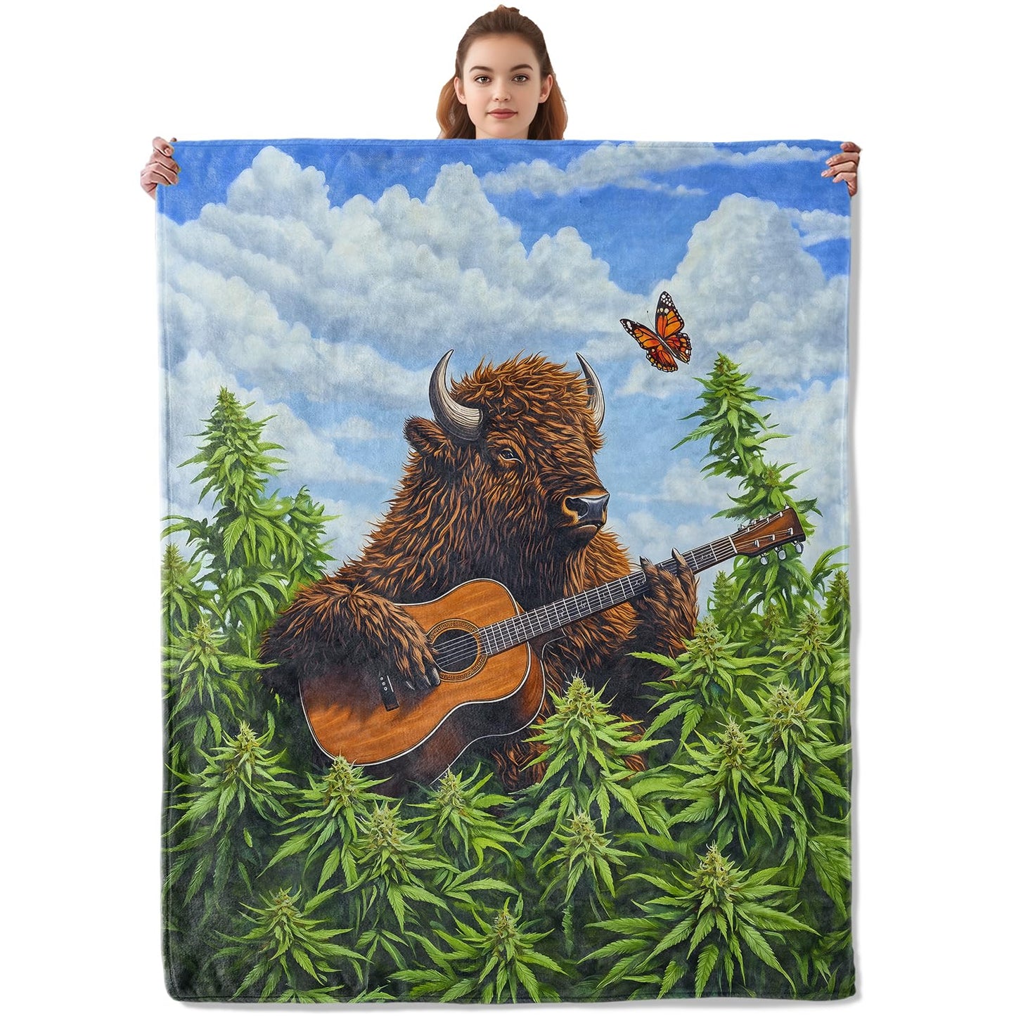 Kibue Music Bison & Guitar Blanket - Soft & Cozy Warm Flannel Throw - Plush Lightweight Blankets for Travel, Sofa, Bedroom, Office - Gifts for Adults Women Kids - for All Seasons 60"×50"