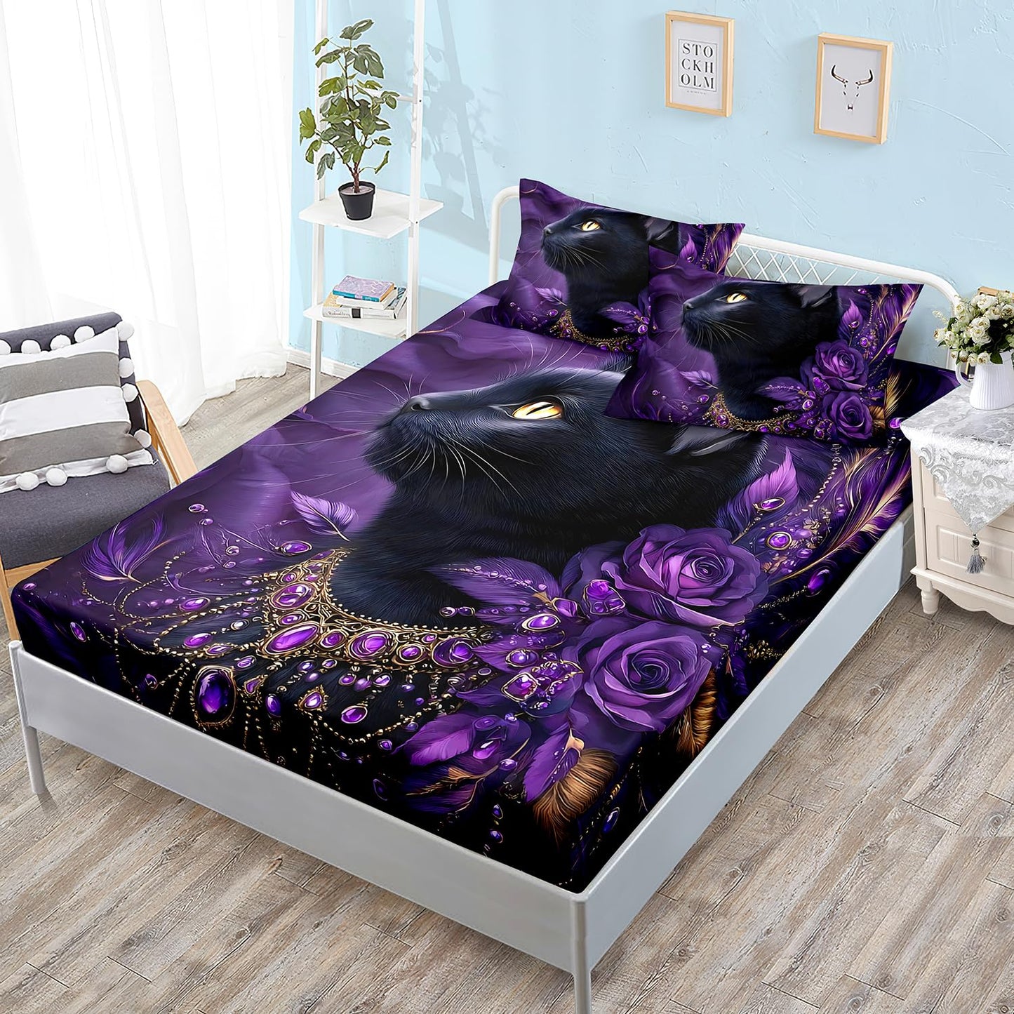 HOSIMA Cat Fitted Seet Twin,Black Cat Wearing Diamond Necklace Print Animal Bedding for Women Girls Room Decor,Flowers and Feather Pattern Aesthetic Bedding,1 Fitted Sheet+2 Pillowcases.