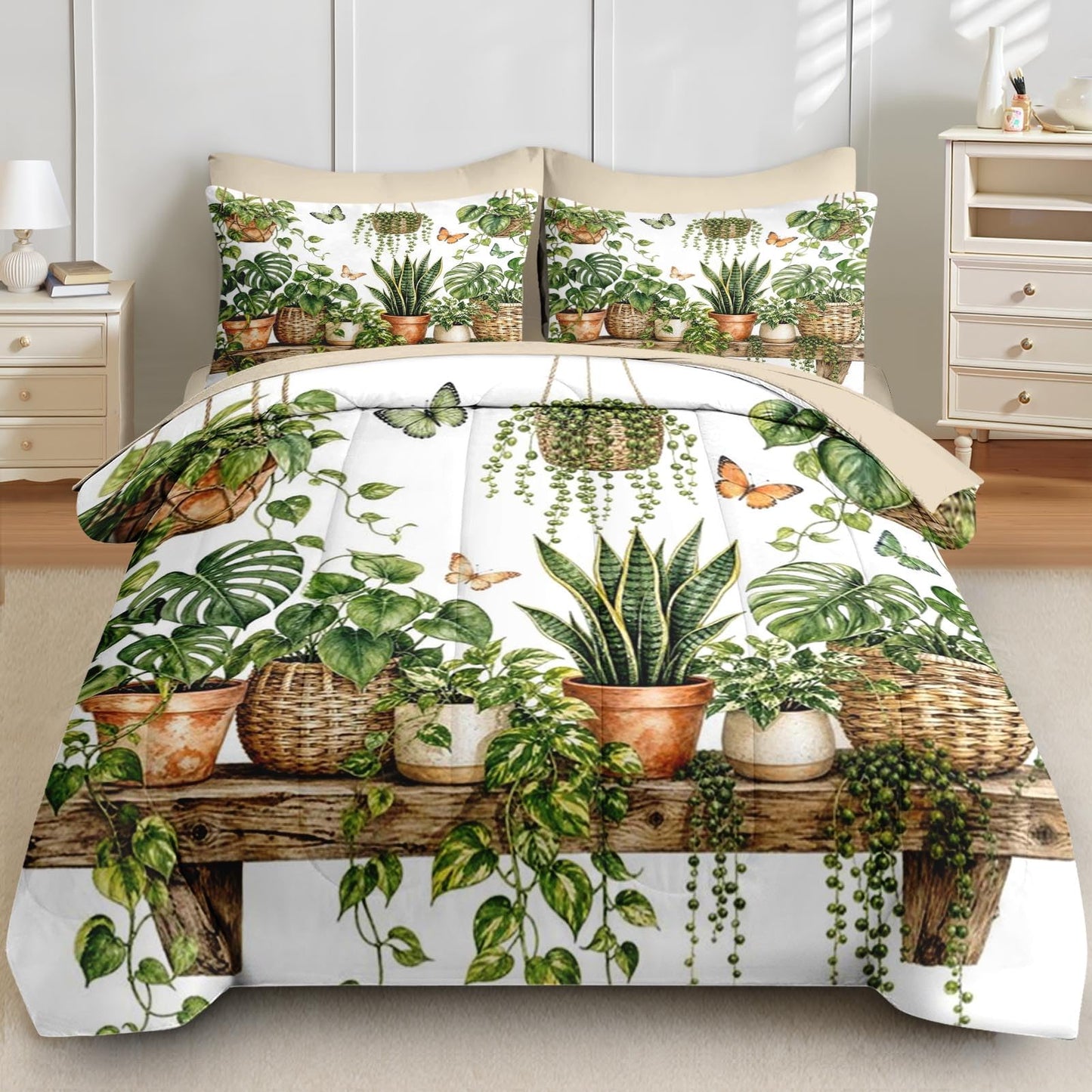 Boewywh Comforter Set Twin Size Plant Botanical Butterfly 7 Pcs, Bedding for Kids and Adults, Bed Sheet Sets with Fitted Sheet 2 Pillowcases & 2 Shams for Bedroom Bed Decor