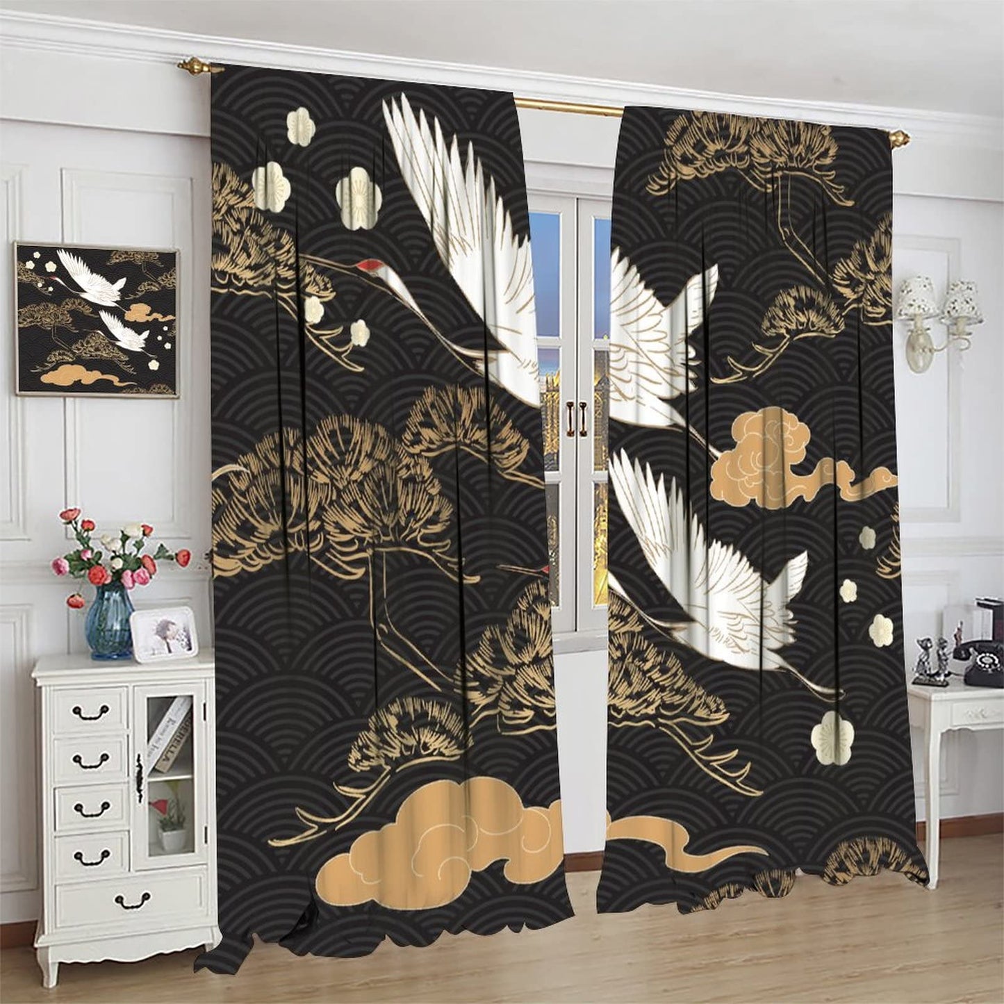 Fairy Crane Curtains Black Gold Plant Traditional Chinese Style Japanese Style Theme Art Bedroom Living Room Decor Rod Pocket Blackout Window Drapes 2 Panels Set 42x45in