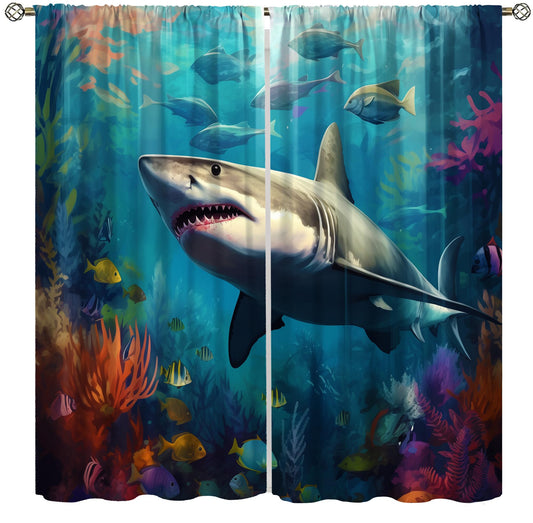 Ocean Shark Curtains for Boys Cartoon Colorful Deep Sea Coral Fish Deep Sea Shark Animal Window Drapes for Kids Teenage Bedroom Living Room 42x45in