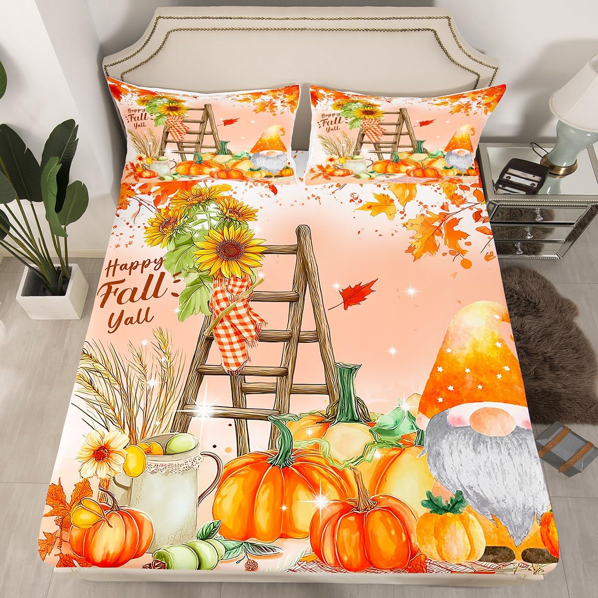 Happy Fall Gnomes Bedding,Thanksgiving Pumpkin Bed Sheets Queen Fall Home Room Decor,Autumn Natural Harvest Season Fitted Sheet + Flat Sheet + 2 Pillow Cases,Rustic Maple Leaf Sunflower Sheet Set