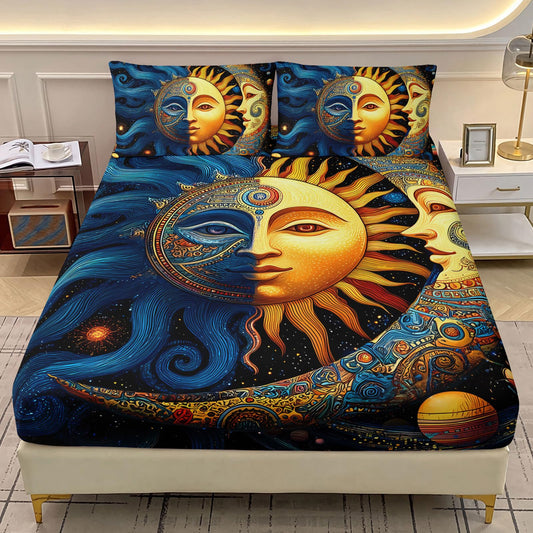 AILONEN Boho Sun and Moon Sheet Set,Celestial Galaxy Starry Space Kids Bedding Twin XL Size, All-Season Soft Microfiber Mandala Exotic Black Bed Sheets,3-Piece,1 Fitted Sheet + 1 Pillow Case