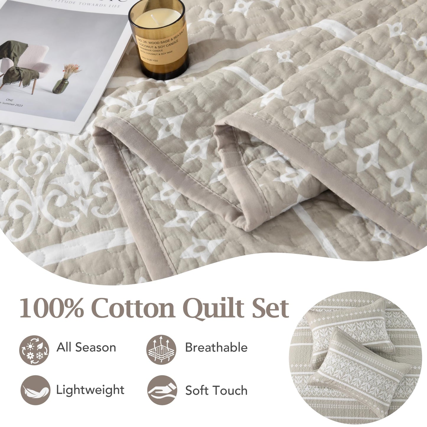BCOTTOND Queen Quilt Set, 100% Cotton Boho Quilt Queen Size Bohemian Striped Pattern Bedspread Queen Lightweight Quilt Bedding Set Comforter Set All Season, 3 Pieces, Beige Grey