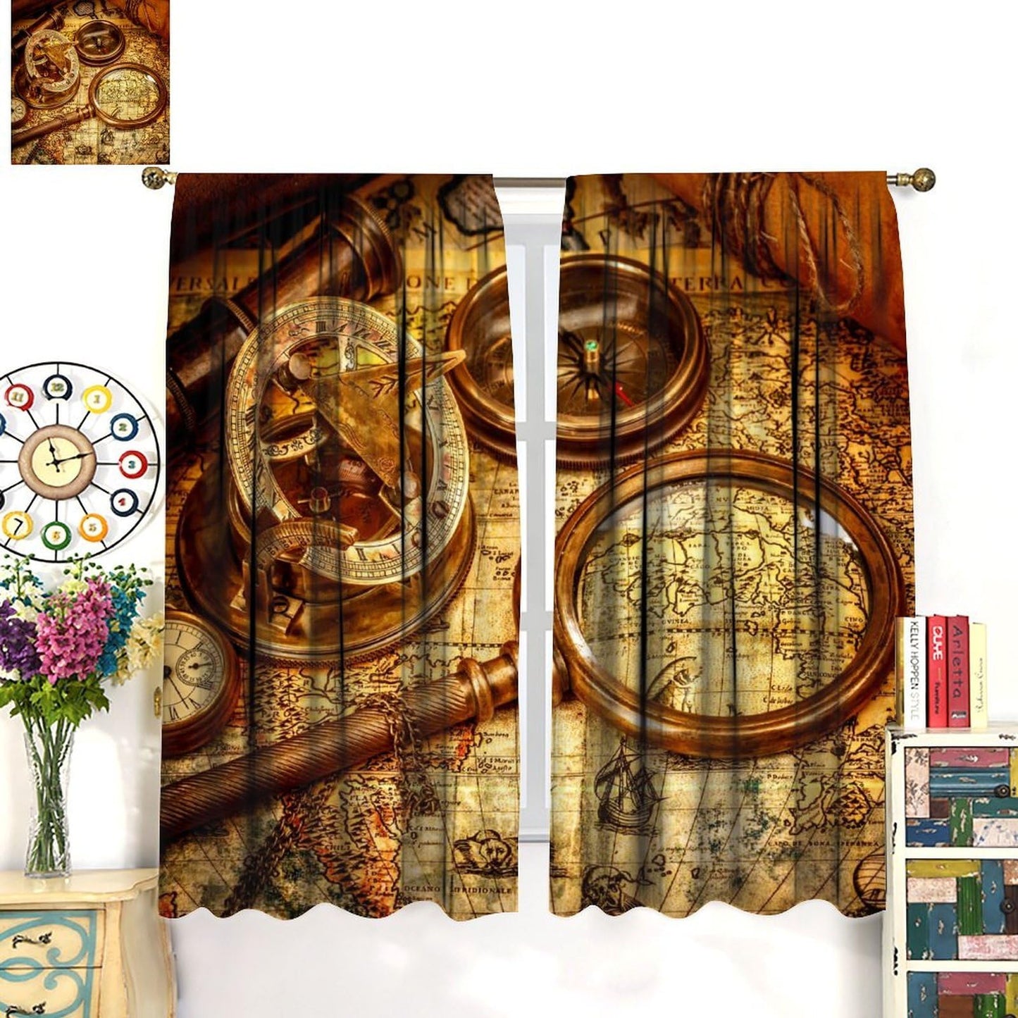 wlsgdsg Retro Map Curtains for Kids Retro Rural Medieval Old Nautical Treasure Map Compass Pattern Window Treatments for Boys Teen Bedroom Living Room 42x44.5In（No Blackout）