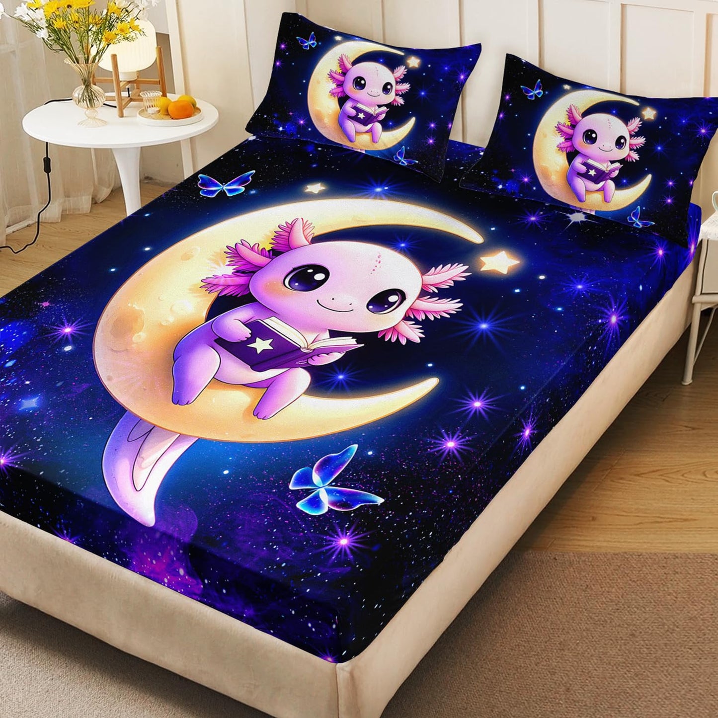 HOSIMA Kawaii Axolotl Twin Fitted Sheet for Kids,Axolotl Sitting on Moon Reading Book,Butterflies Pattern Aesthetic Galaxy Bedding Set for Teenage Girl Room Decor,1 Fitted Sheet+2 Pillowcases.