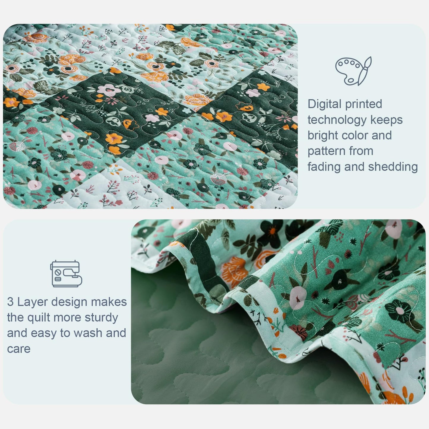 Exclusivo Mezcla Reversible Boho Quilts Queen Size, Green Soft Bedspreads Lightweight Coverlet All Season Patchwork Quilt Bedding Set with Printed Floral Pattern (1 Quilt, 2 Pillow Shams)