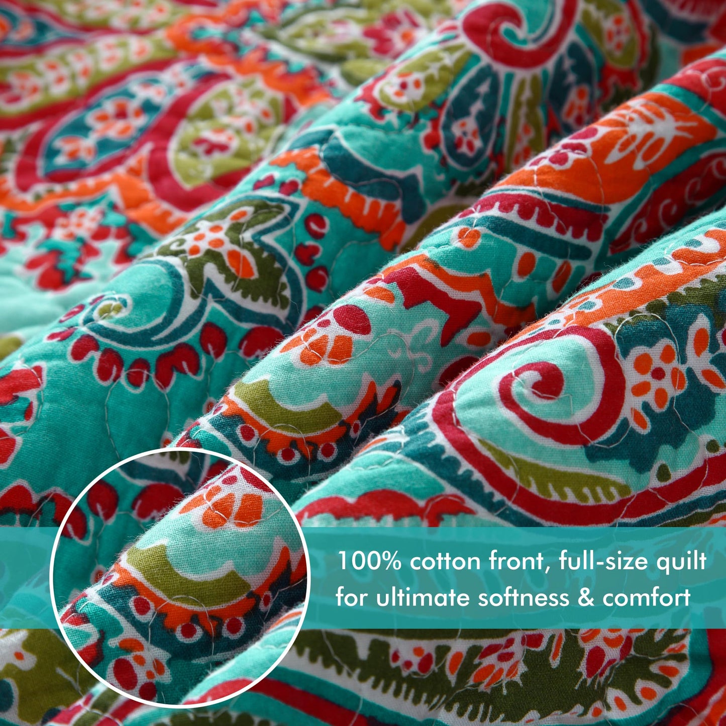 Etwel Lightweight Cotton Queen Size Quilt Set - Breathable Reversible Bedspread for Hot Sleepers, Farmhouse Floral Bedding Set with 2 Pillow Shams for All Season (90"x98", Crown Teal)
