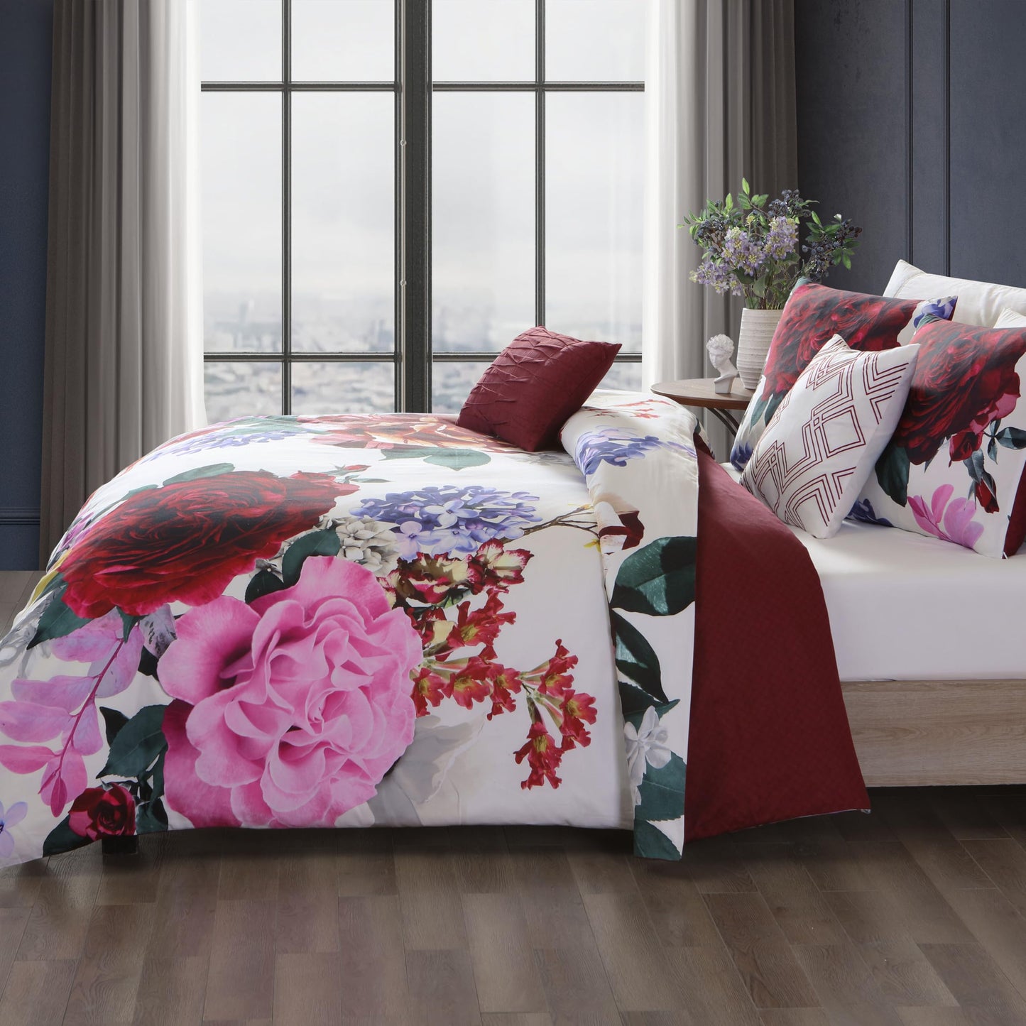 Bebejan Magenta Floral 5 Piece Comforter Set, 100% Cotton Sateen, 220 Thread Count, Red Reversible Bedding Comforter Set, 1 Comforter, 2 Shams & 2 Pillows (King/Cal King)